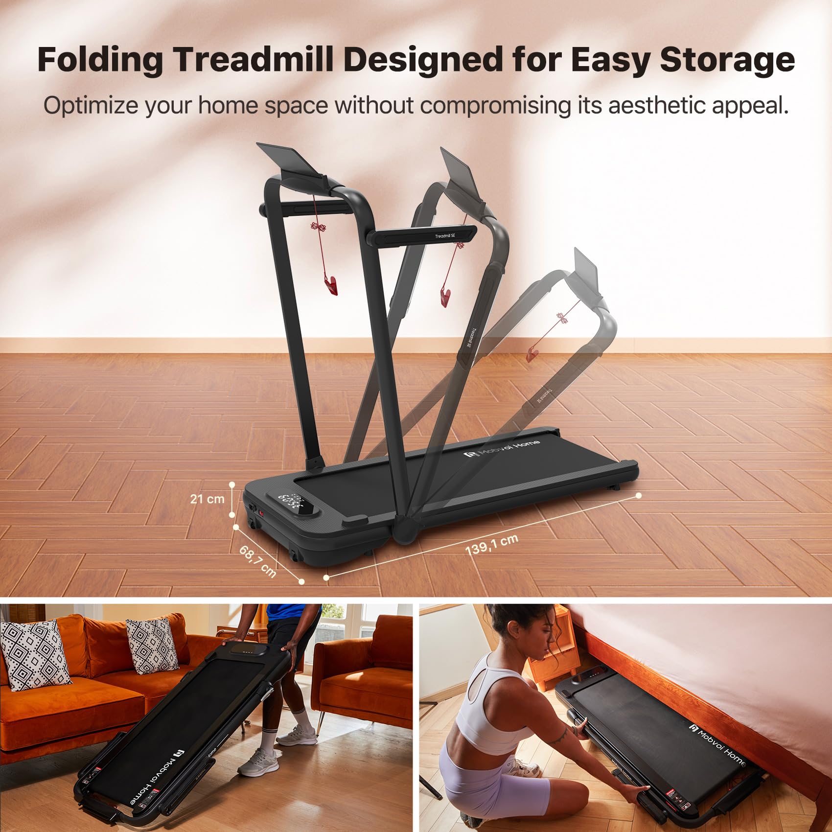 Mobvoi Home Treadmill SE 3 in 1 Foldable Treadmill for Home Walking Pad 2.5 HP Compact Portable folding Under Desk Running Machine with Remote Control LED Display for Home Office 12 km/h