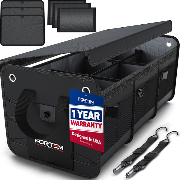 FORTEM Car Boot Organiser, SUV Boot Tidy, Trunk Storage, Collapsible Multi Compartment Car Organiser, Non Slip Bottom, Adjustable Securing Straps, Foldable Cover (65L)