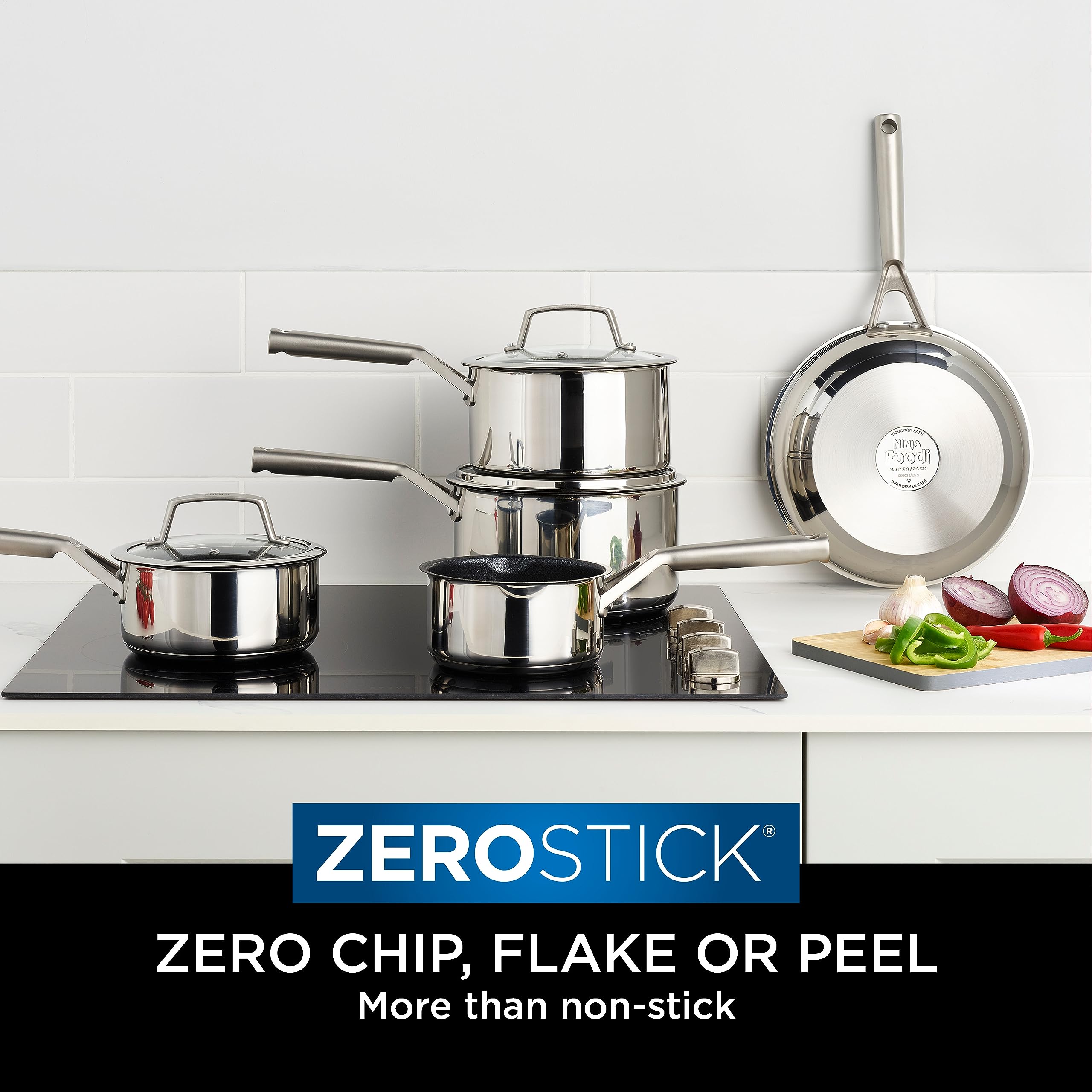 Ninja ZEROSTICK 5-Piece Pan Set, Long Lasting Non Stick,16cm, 18cm & 20cm Saucepans with oven-safe glass lids, 16cm Milk Pan, 24cm Frying Pan, Stainless Steel Cookware C6500UK