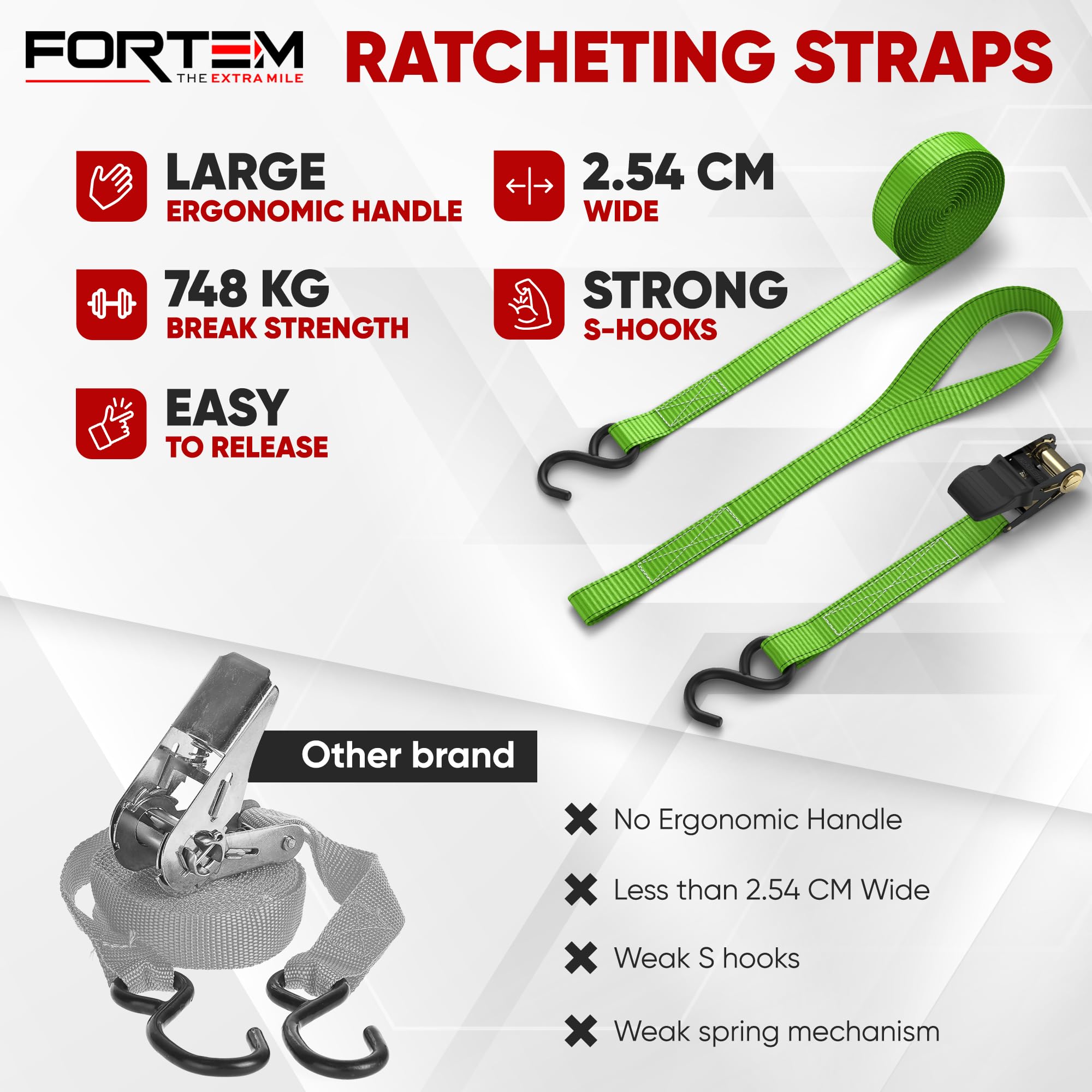 FORTEM Ratchet Straps, 748kg Break Strength, 4 Pack 4.6m x 2.54cm Tie Down Strap Set, 4 Soft Loops, Motorcycle Straps Tie Downs, Cargo Cam Buckles, Rubber Handles, Carry Bag