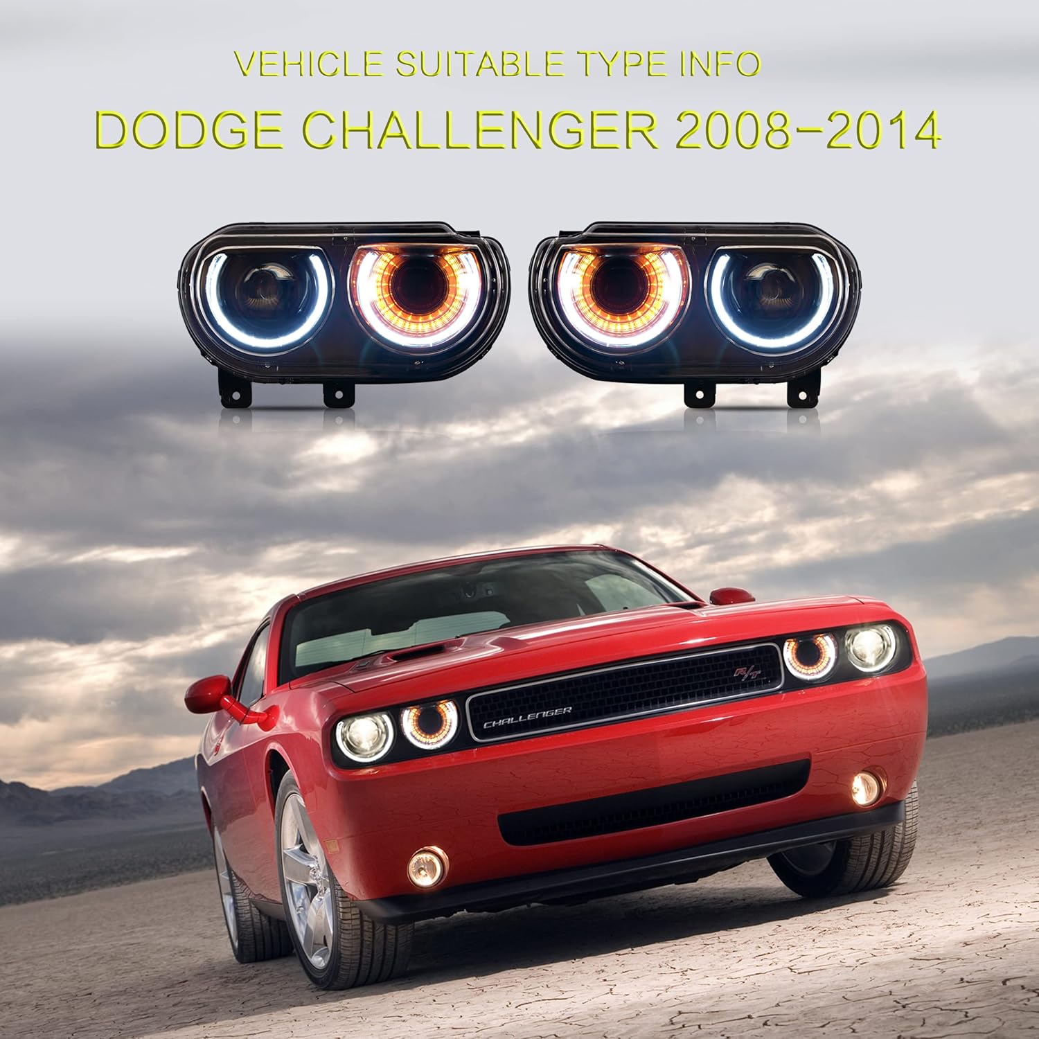 VLAND RGB Headlights Fit for 2008-2014 Dodge Challenger 3rd Gen Coupe, LED Front Lights with Colorful Halo DRL and Sequential Turn Signal