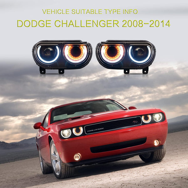 VLAND RGB Headlights Fit for 2008-2014 Dodge Challenger 3rd Gen Coupe, LED Front Lights with Colorful Halo DRL and Sequential Turn Signal