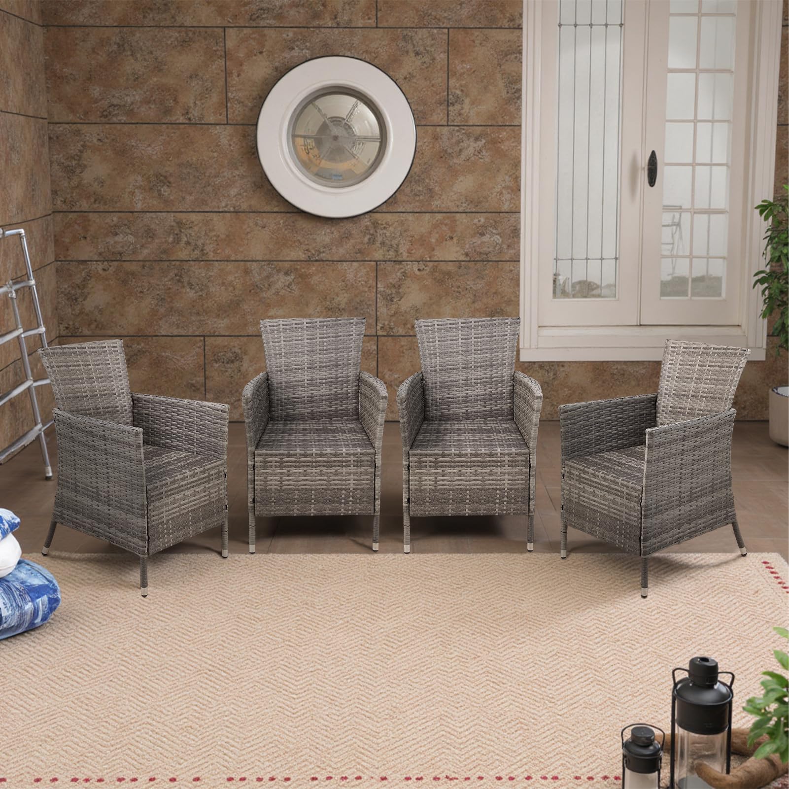 Warmiehomy Rattan Garden Chairs Outdoor Dining Chair Set of 2 Wicker Armchairs with Padded Seat Cushions High Backrest Patio Chair, Black