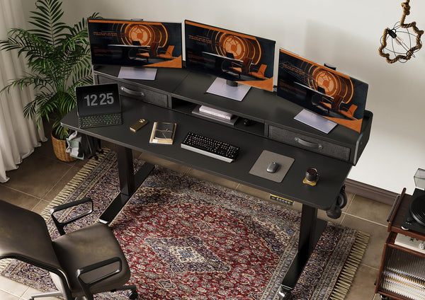 Claiks Electric Standing Desk with Drawers, 120x60cm Height Adjustable Desk with Storage Shelf and Splice Board, Stand Up Desk for Home Office, White Frame/Maple Top