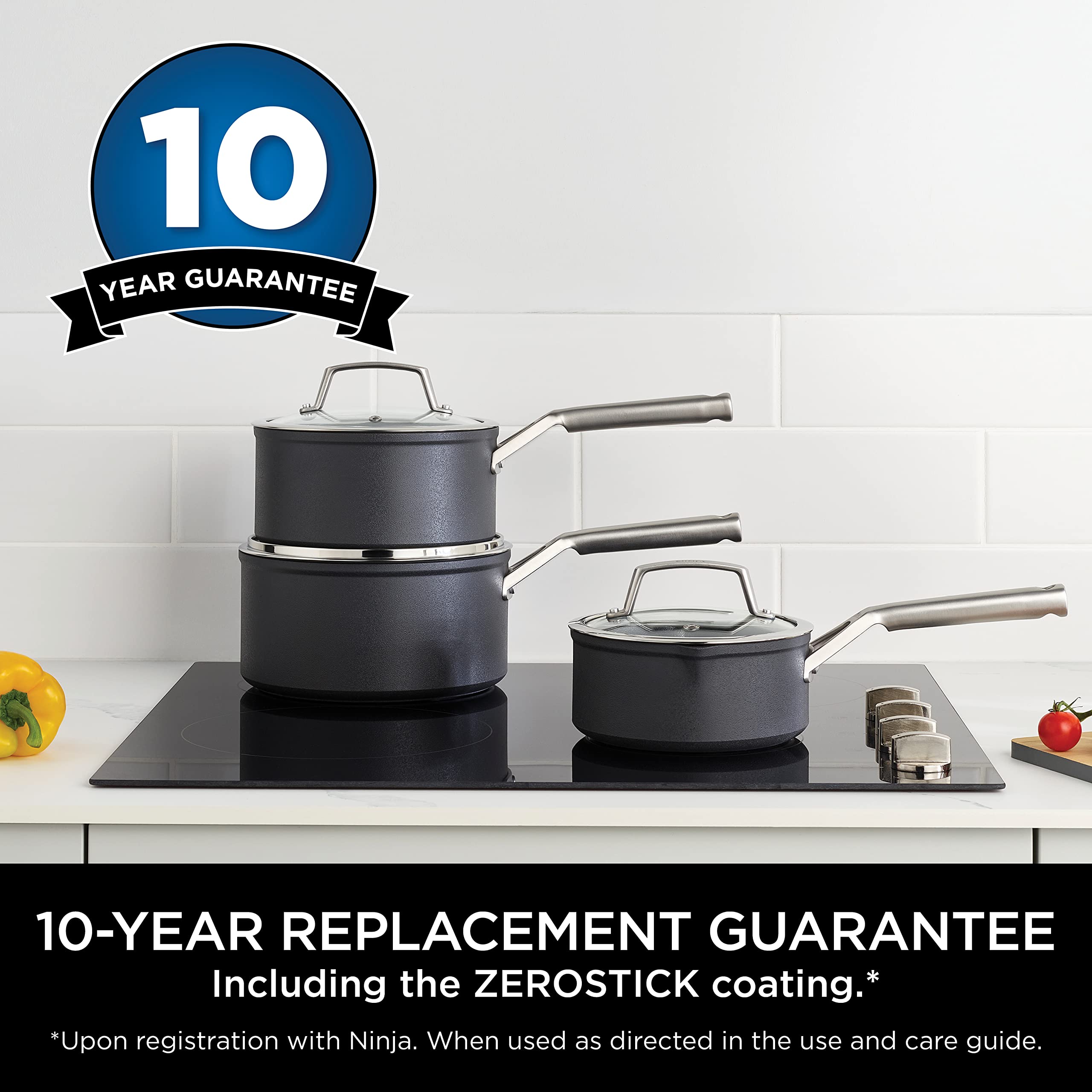 Ninja ZEROSTICK Premium 5-Piece Pan Set, Long Lasting Non-Stick, 3x Saucepans with Glass Lids, 1x Milk Pan, 1x Frying Pan, Hard Anodised Aluminium, Induction Compatible, Grey C35000UK