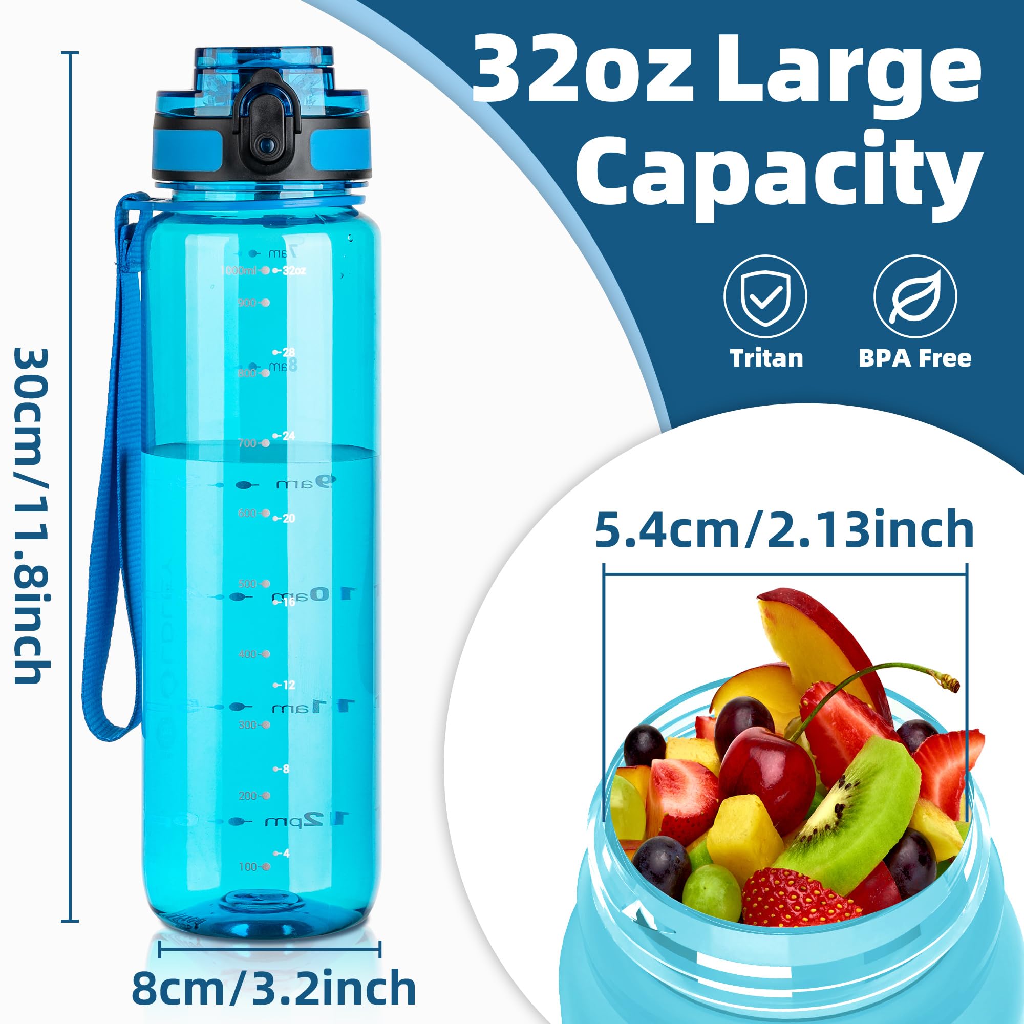 OLDLEY 1L/32oz Sports Water Bottle, 1000ml Motivational Drinks Bottle with Time Markings Leak Proof Drink & Lock Cover & No Straw, BPA Free for Adults Women Men Gym School Cycling Running Hiking