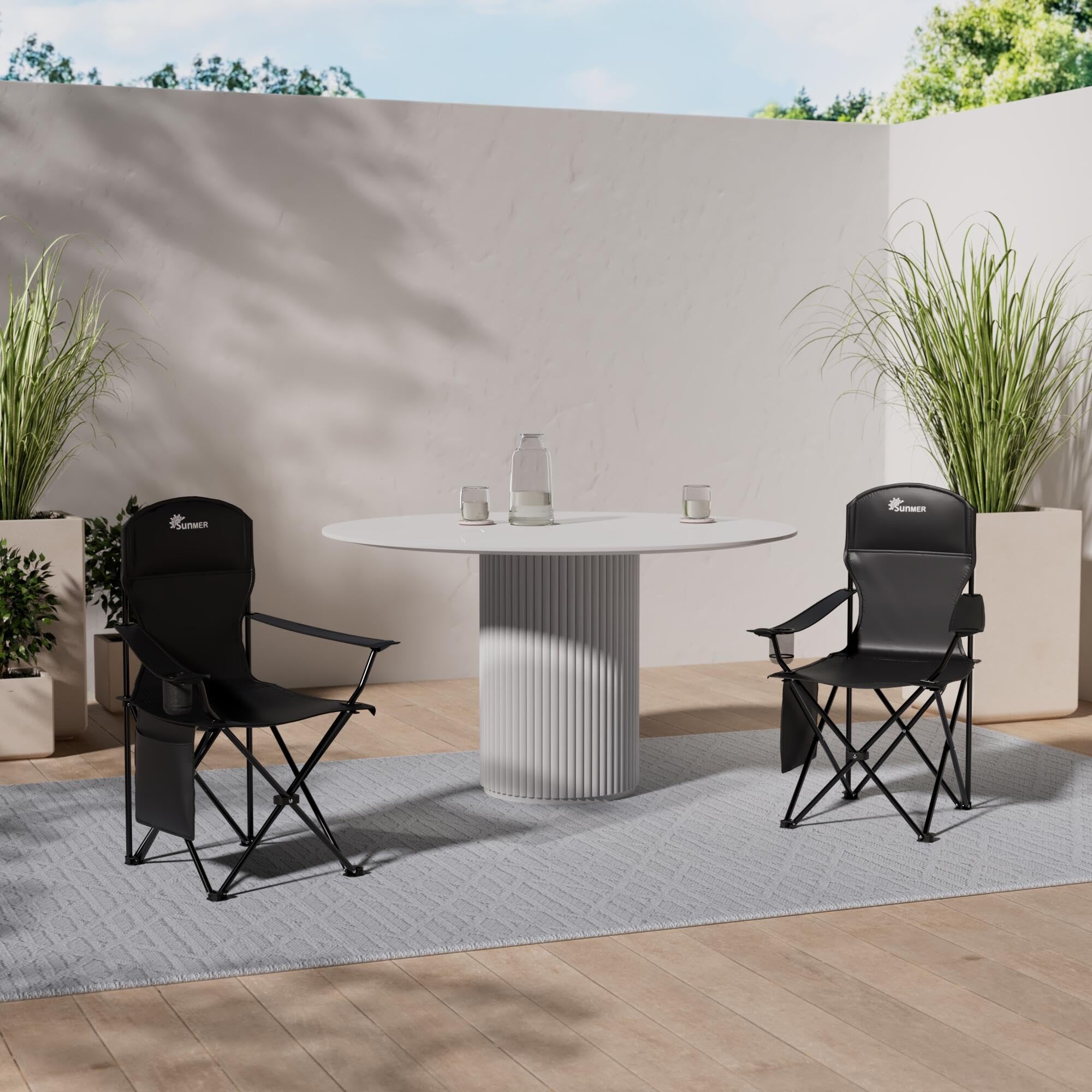 SUNMER Set of 2 Folding Camping Chairs, Extra-Wide Lightweight Outdoor Chairs with Armrests, Cup Holder and a Side Pocket, 120kg Capacity per Chair - Black