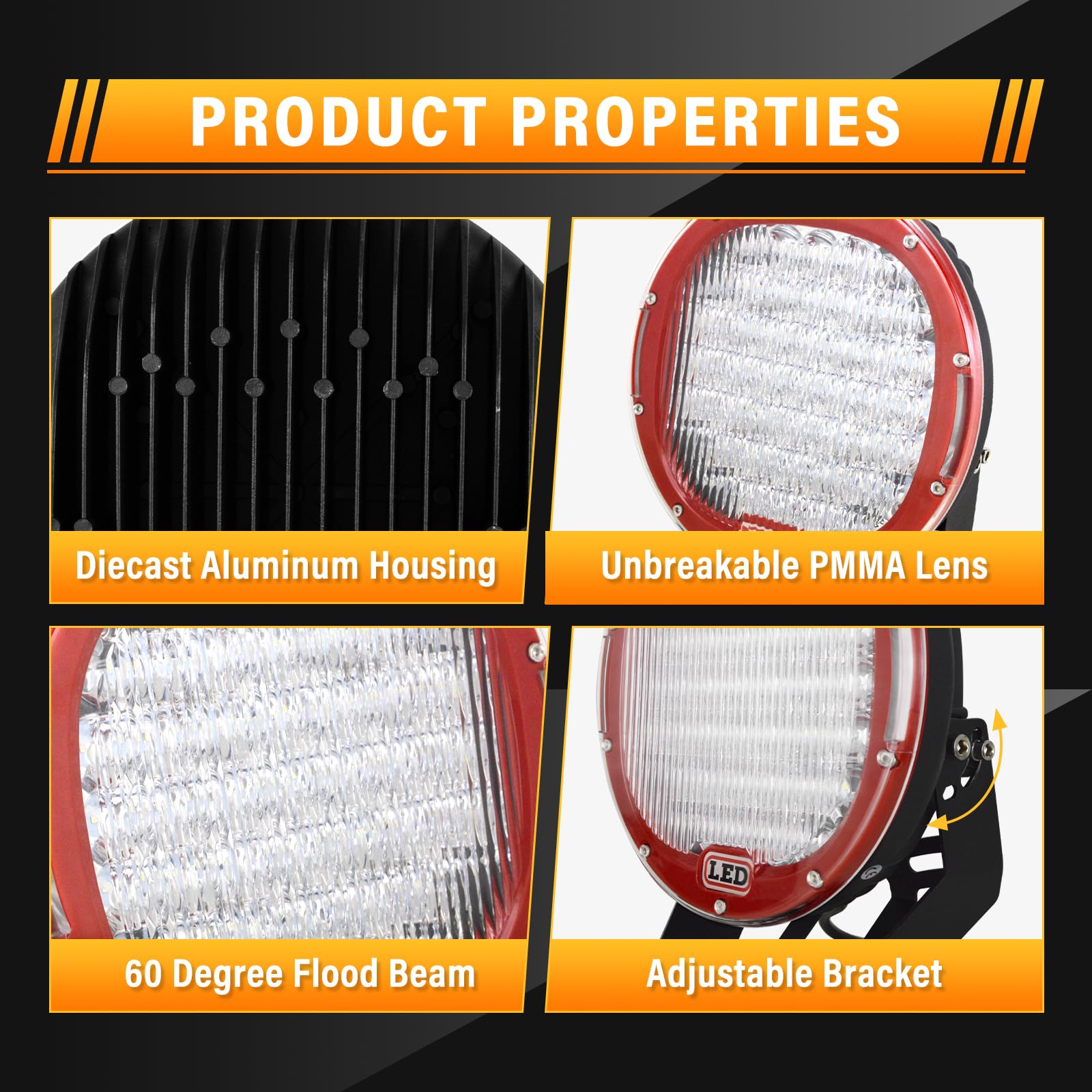 RIGIDON 2 Pcs Black Case Round Led Work Light, 9 inch 294W Spot Beam, 12V 24V Driving Lights Lamp Headlight for Car Off road Boat Truck 4x4 SUV ATV Tractors Excavator, 6000K White, Fog Lamp