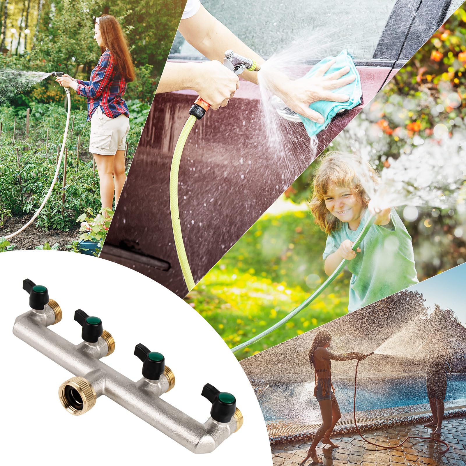 Photener Brass Hose Splitter 4 Way, Garden Hose Tap Splitter Connector, European Standard 3/4" Female to 4-Way Male Thread with 4 Individual Ball