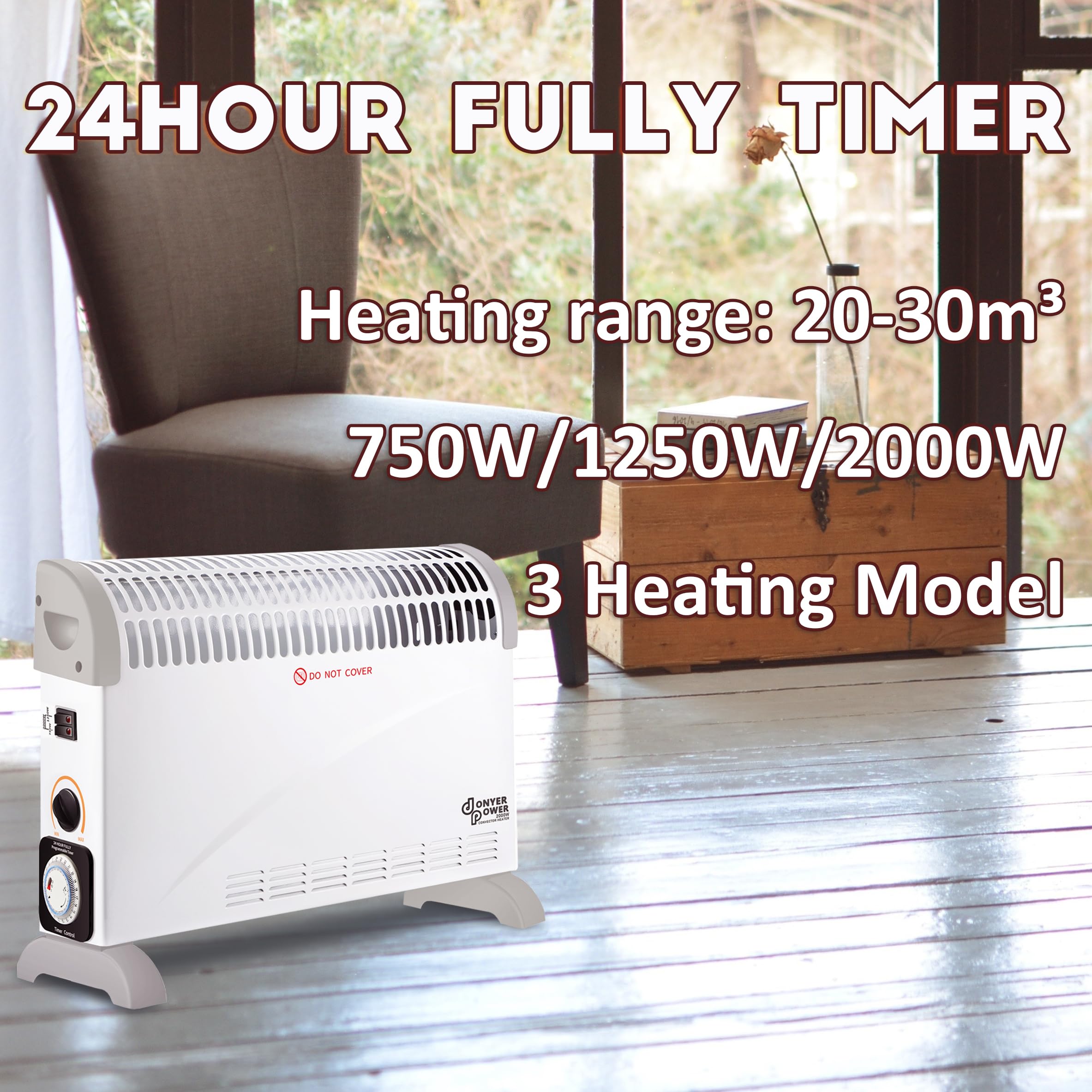 DONYER POWER Convector Radiator Heater 2000W Room Heating with Adjustable Thermostat and 24-HR-Timer Oil-Free