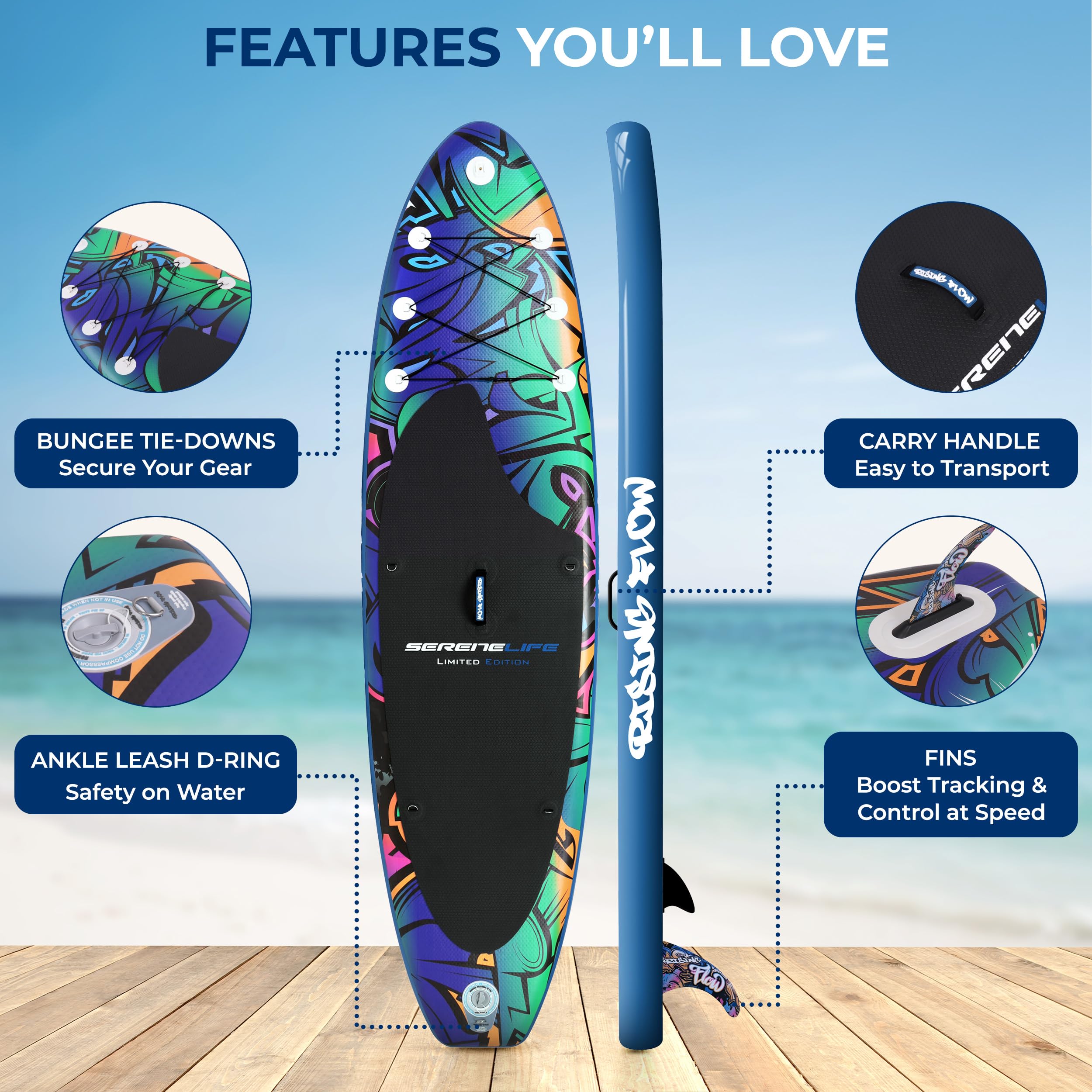 SereneLife Inflatable Stand Up Paddle Board, SUP Board- Paddleboards for Adults & Youth, Surfing Board Kit, 0.63cm Thick Standup Paddleboarding, Non-Slip Deck, Wide Stance, Surf Control w/Backpack