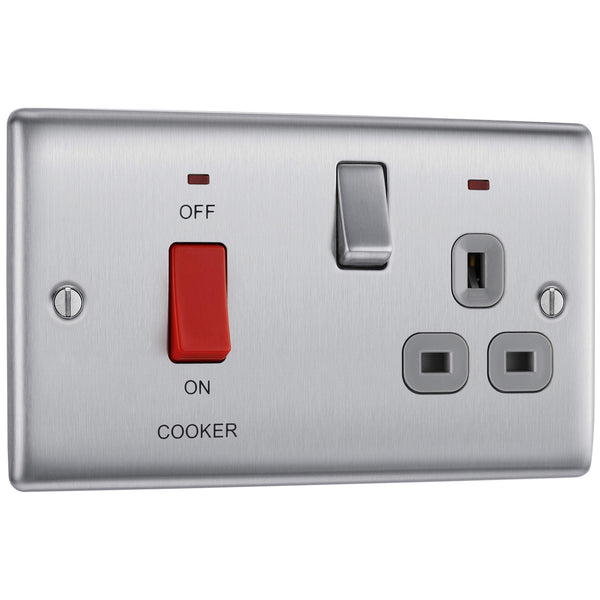BG Electrical Cooker Switch with Socket and LED, Cooker Control Unit, Control Socket, Double Pole, Raised Profile, Round Edges, Nexus Metal, Brushed Steel, Grey Inserts, 45A, NBS70G