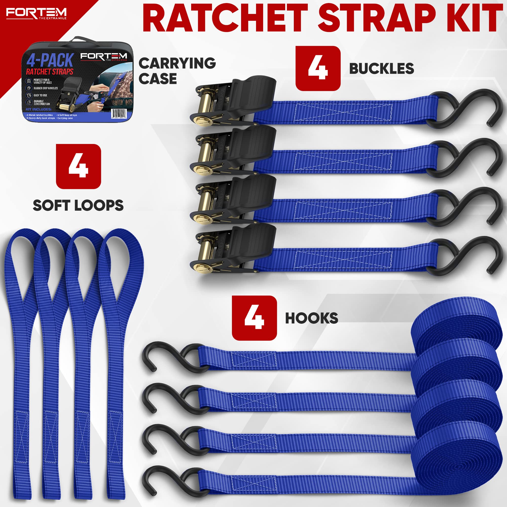 FORTEM Ratchet Straps, 748kg Break Strength, 4 Pack 4.6m x 2.54cm Tie Down Strap Set, 4 Soft Loops, Motorcycle Straps Tie Downs, Cargo Cam Buckles, Rubber Handles, Carry Bag
