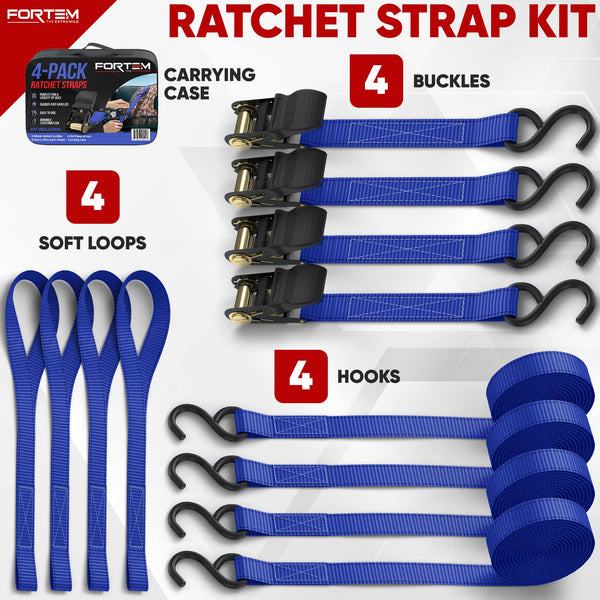 FORTEM Ratchet Straps, 748kg Break Strength, 4 Pack 4.6m x 2.54cm Tie Down Strap Set, 4 Soft Loops, Motorcycle Straps Tie Downs, Cargo Cam Buckles, Rubber Handles, Carry Bag