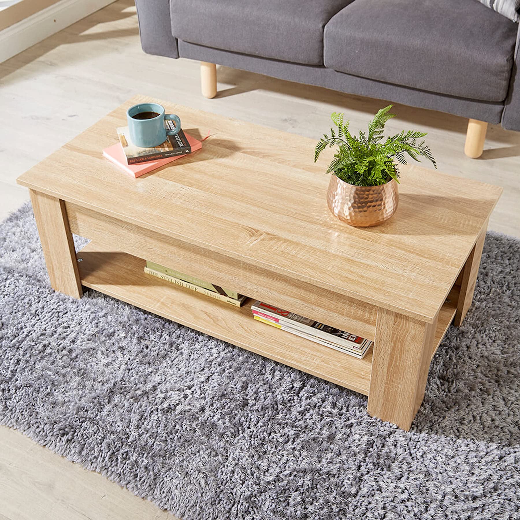 Home Source Coffee Table with Lift Up Top Storage Area and Magazine Shelf, Oak Effect