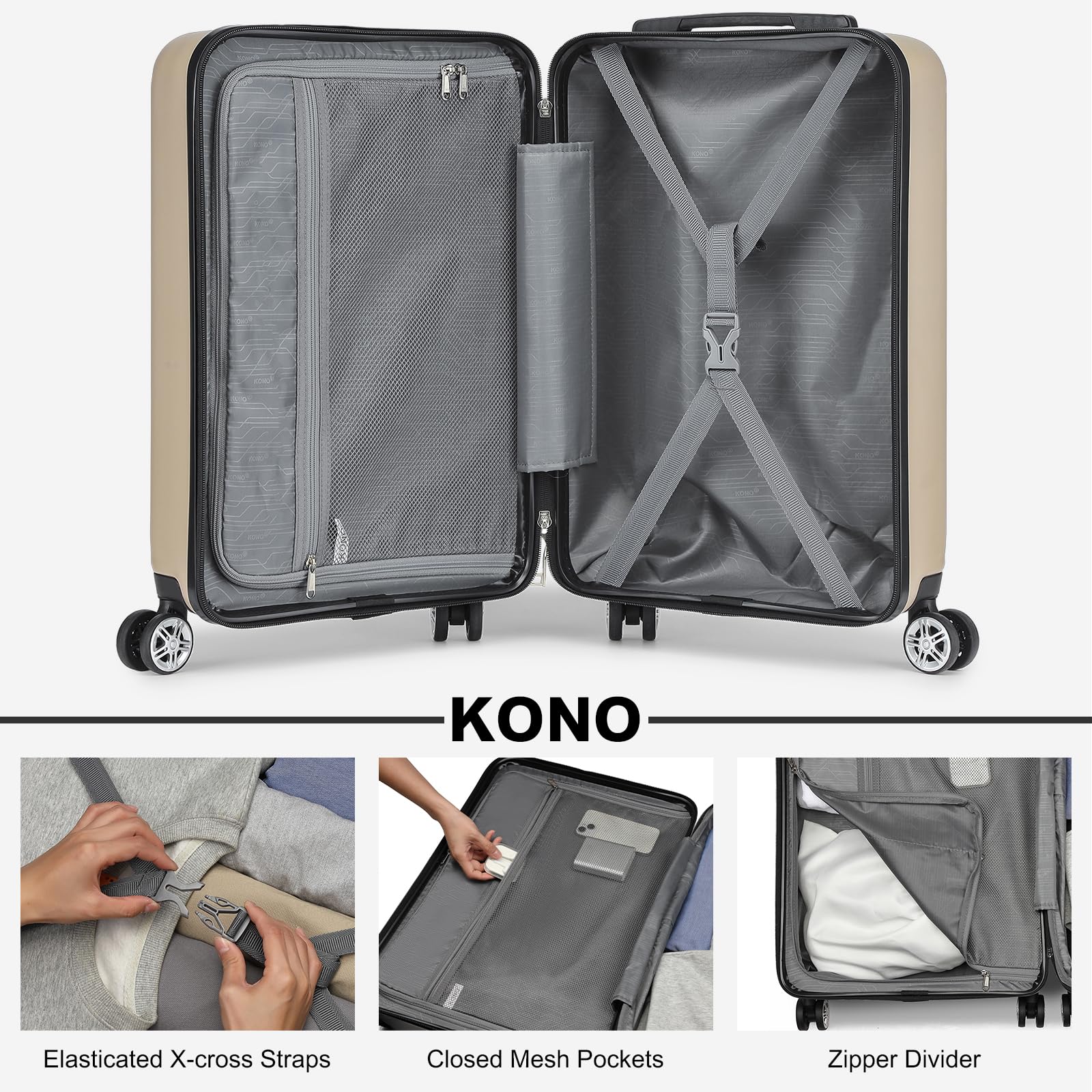 Kono Lightweight 28" Large Suitcase | Hard Shell with TSA Lock | 4 Dual Spinner Wheels | Expandable Design for Easy Travel | Perfect for Business & Vacation (Cream White,75x47.5x29.5cm)