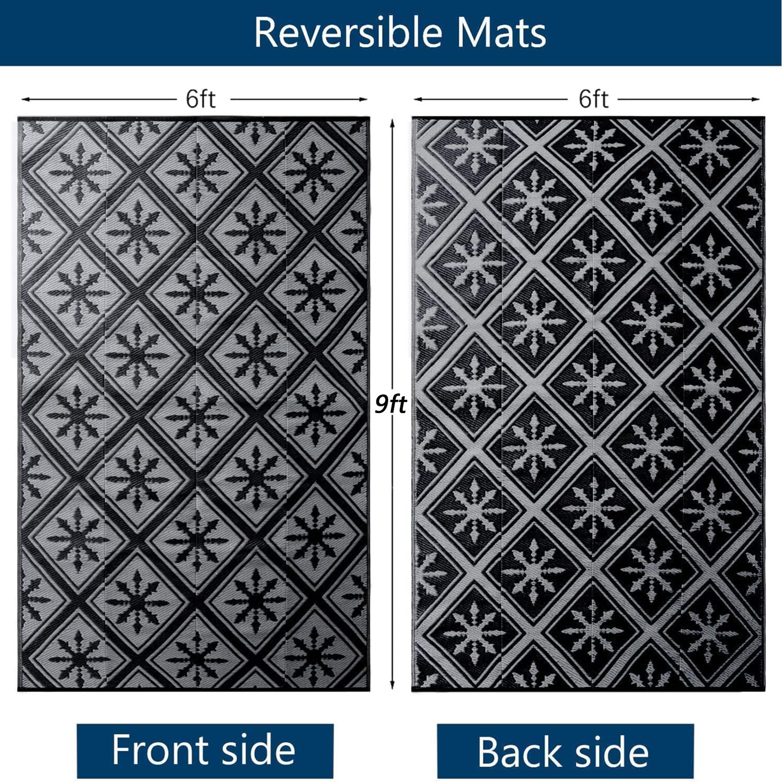 Enipate Outdoor Rugs for Patios Waterproof, 6x9ft Reversible Easy Cleaning Garden Rug, Portable Comfortable Woven Geometric Outdoor Carpet (Black &