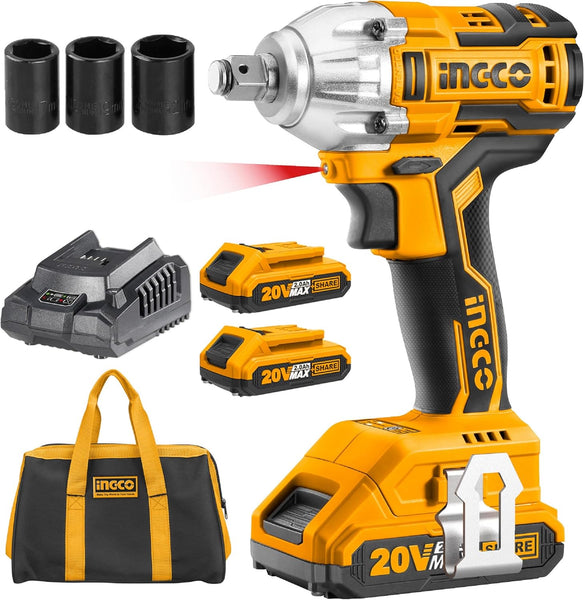 Ingco 20V Brushless Lithium-Ion Impact Wrench with 2Pcs 2.0Ah Batteries, 1Pcs Charger, 3Pcs Sockets, 1/2 Inch, 300NM CIWLI20013
