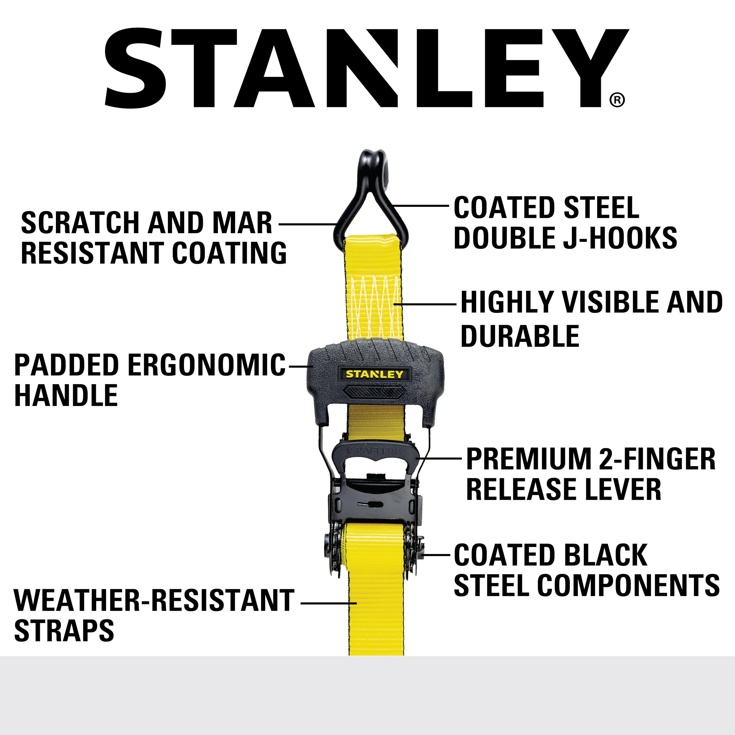 STANLEY S1007 Black/Yellow 1.5" x 16' Ratchet Tie Down Straps - 1,100 lb Safe Working Load / 3,300 lb Break Strength, 2 Pack