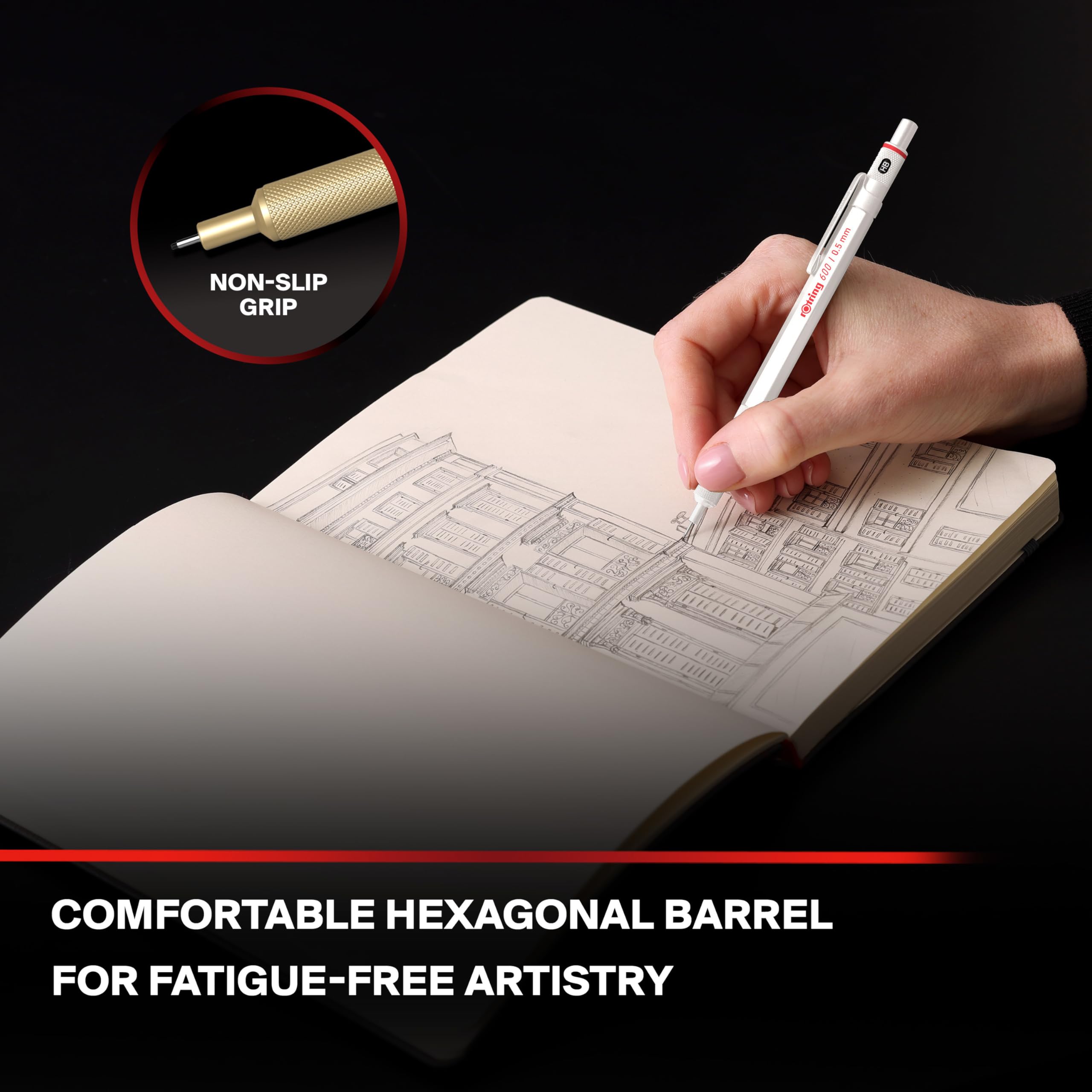 rOtring 600 3-in-1 Multicolour Pen and Mechanical Pencil | Black & Red Ballpoint Pen Tips | 1 Mechanical Pencil Tip (0.5mm) | Silver Barrel