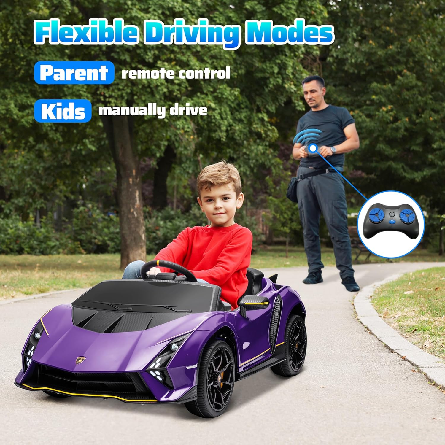 AIYAPLAY 12V Lamborghini Autentica Licensed Kids Electric Car with Butterfly Doors, Ride on Car with Remote Control, 4 Suspension Wheels, Soft Start, LED Lights, Music, Horn, Grey