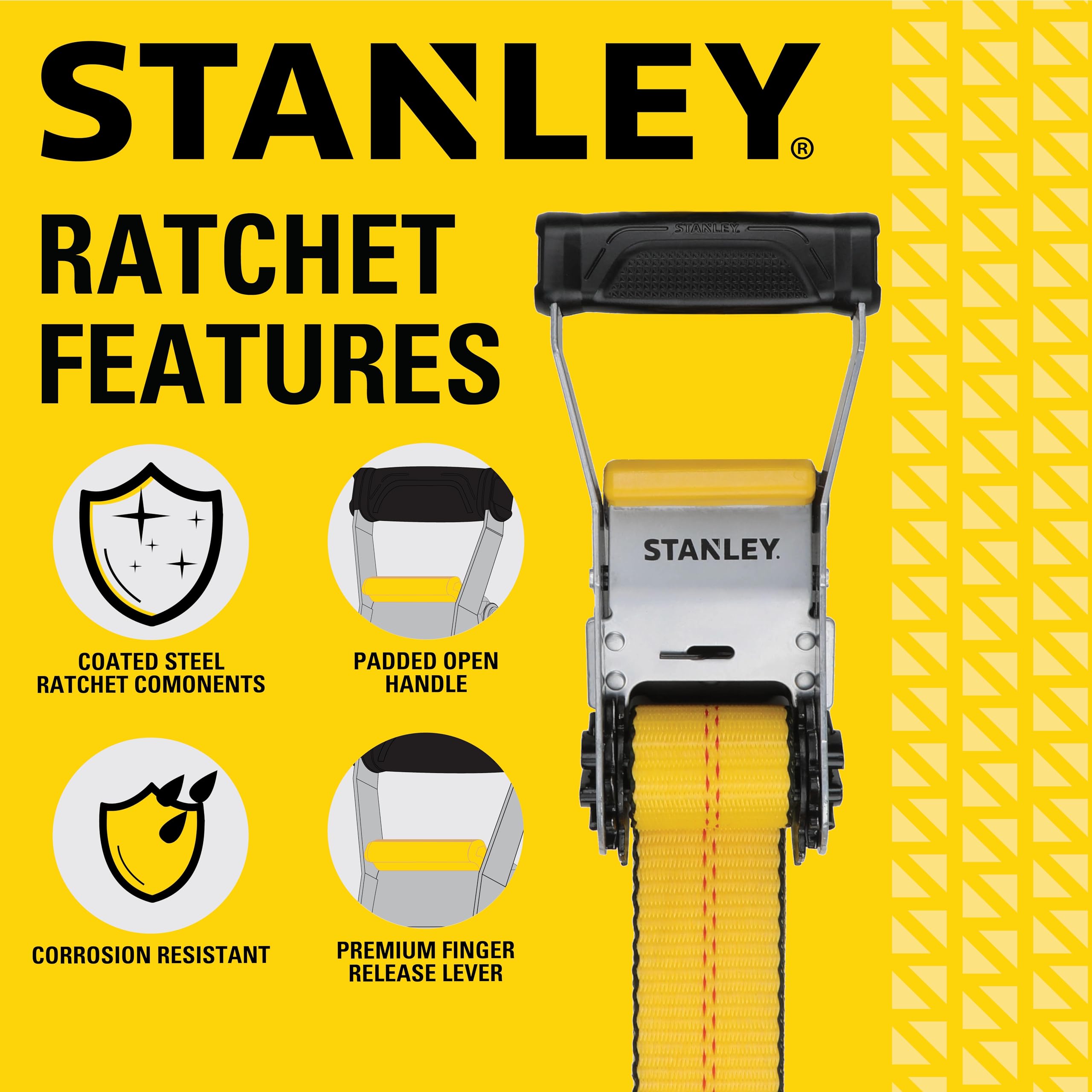 STANLEY S1007 Black/Yellow 1.5" x 16' Ratchet Tie Down Straps - 1,100 lb Safe Working Load / 3,300 lb Break Strength, 2 Pack