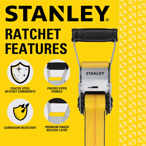 STANLEY S1007 Black/Yellow 1.5" x 16' Ratchet Tie Down Straps - 1,100 lb Safe Working Load / 3,300 lb Break Strength, 2 Pack