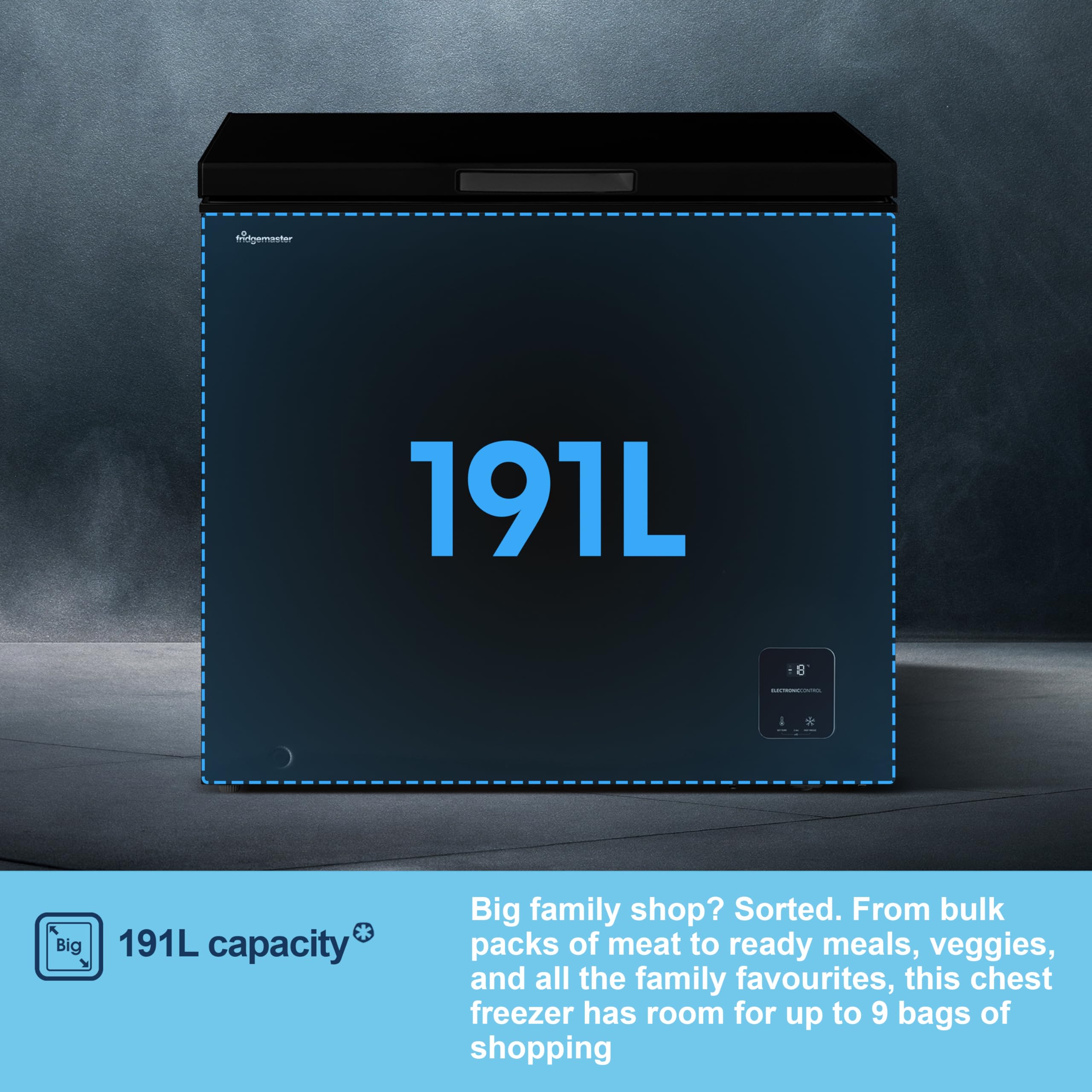 Fridgemaster MCF142EB 142L Chester Freezer 4 Star Freezer Rating - 55.9D x 62.5W x 85.4H cm Black with Recessed Handle - E Rated