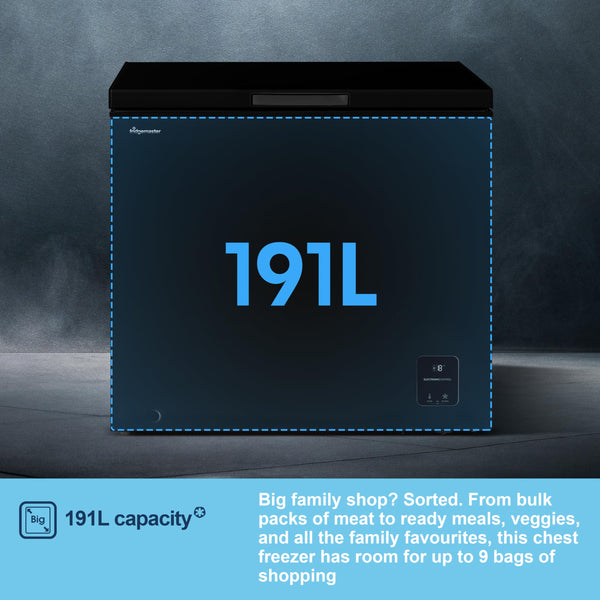 Fridgemaster MCF142EB 142L Chester Freezer 4 Star Freezer Rating - 55.9D x 62.5W x 85.4H cm Black with Recessed Handle - E Rated