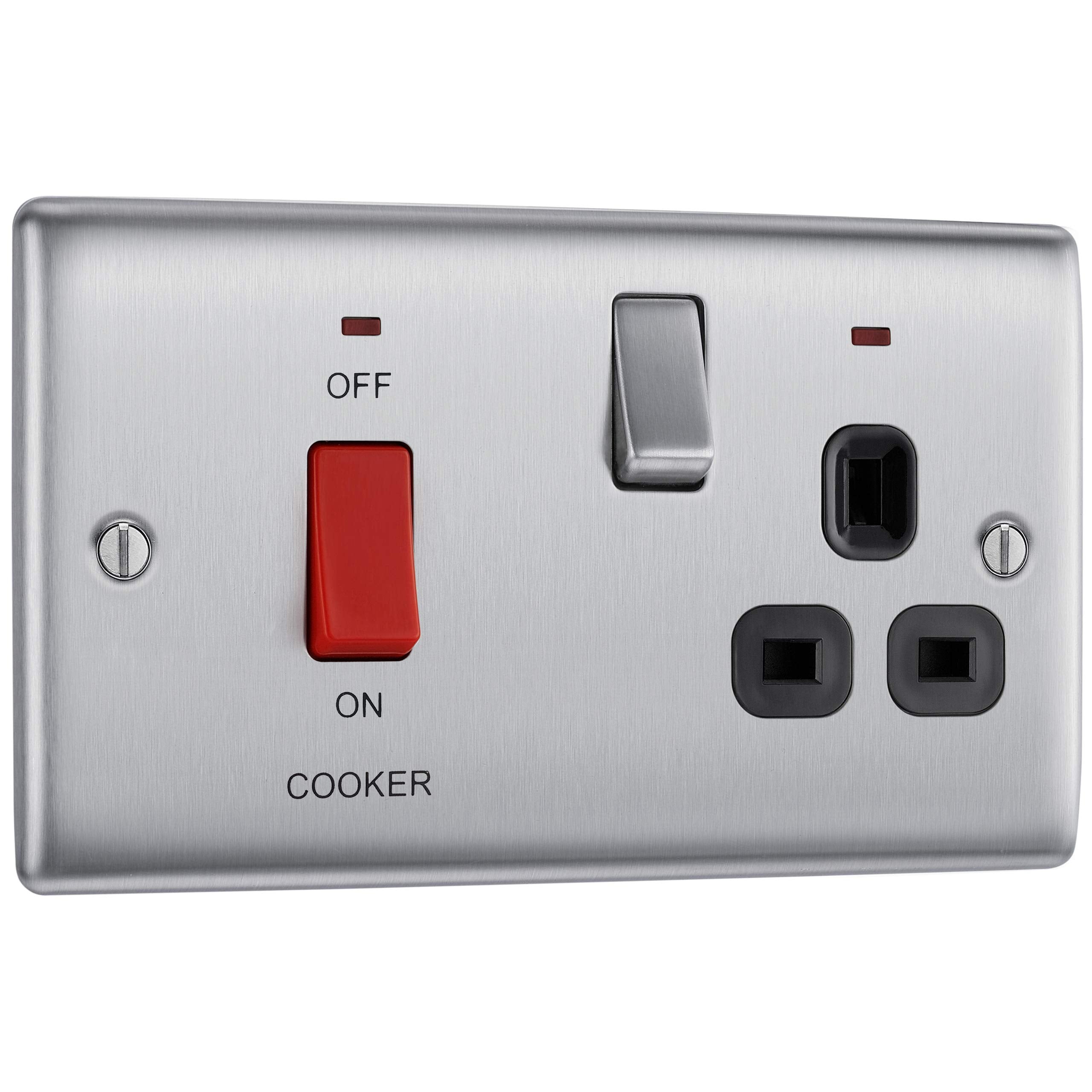 BG Electrical Cooker Switch with Socket and LED, Cooker Control Unit, Control Socket, Double Pole, Raised Profile, Round Edges, Nexus Metal, Brushed Steel, Grey Inserts, 45A, NBS70G
