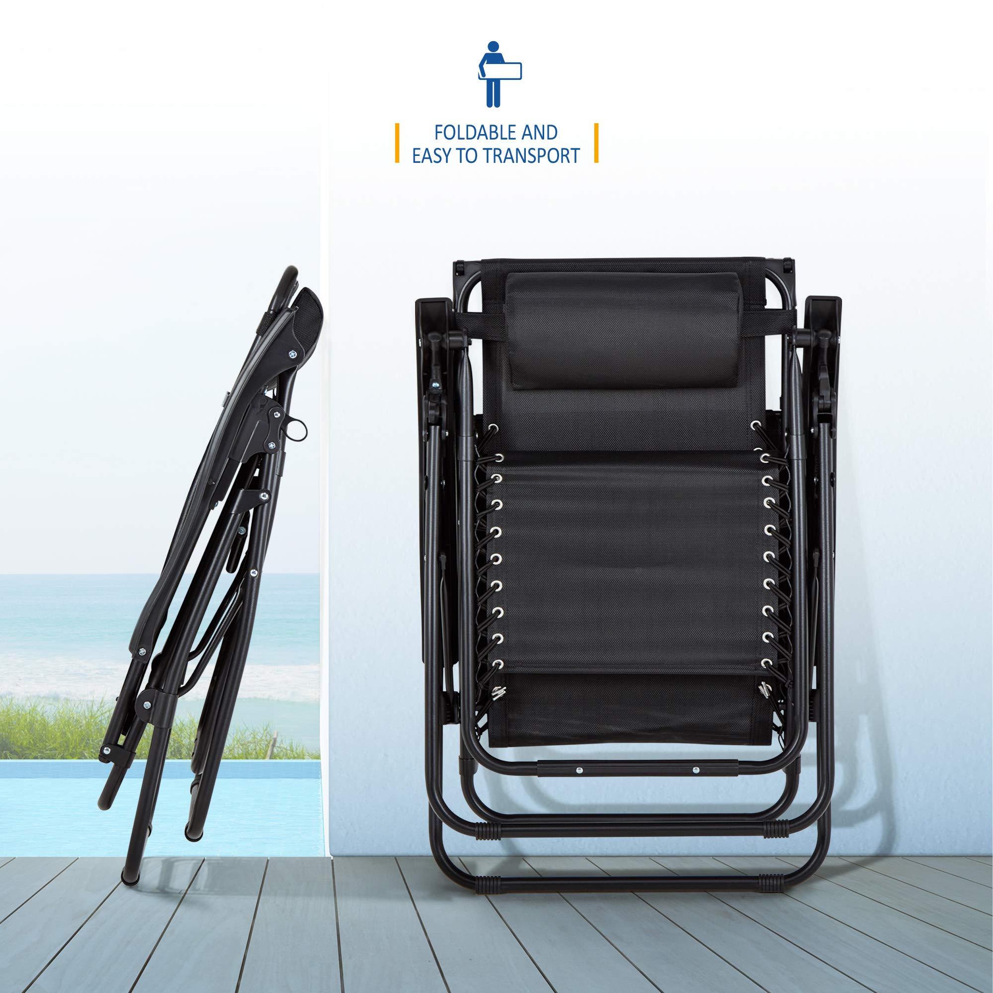 Set of 2 Sun Lounger Garden Chairs With Cup And Phone Holder | Adjustable Headrest Pillow | Deck Folding Recliner Zero Gravity Outdoor Chair - Black