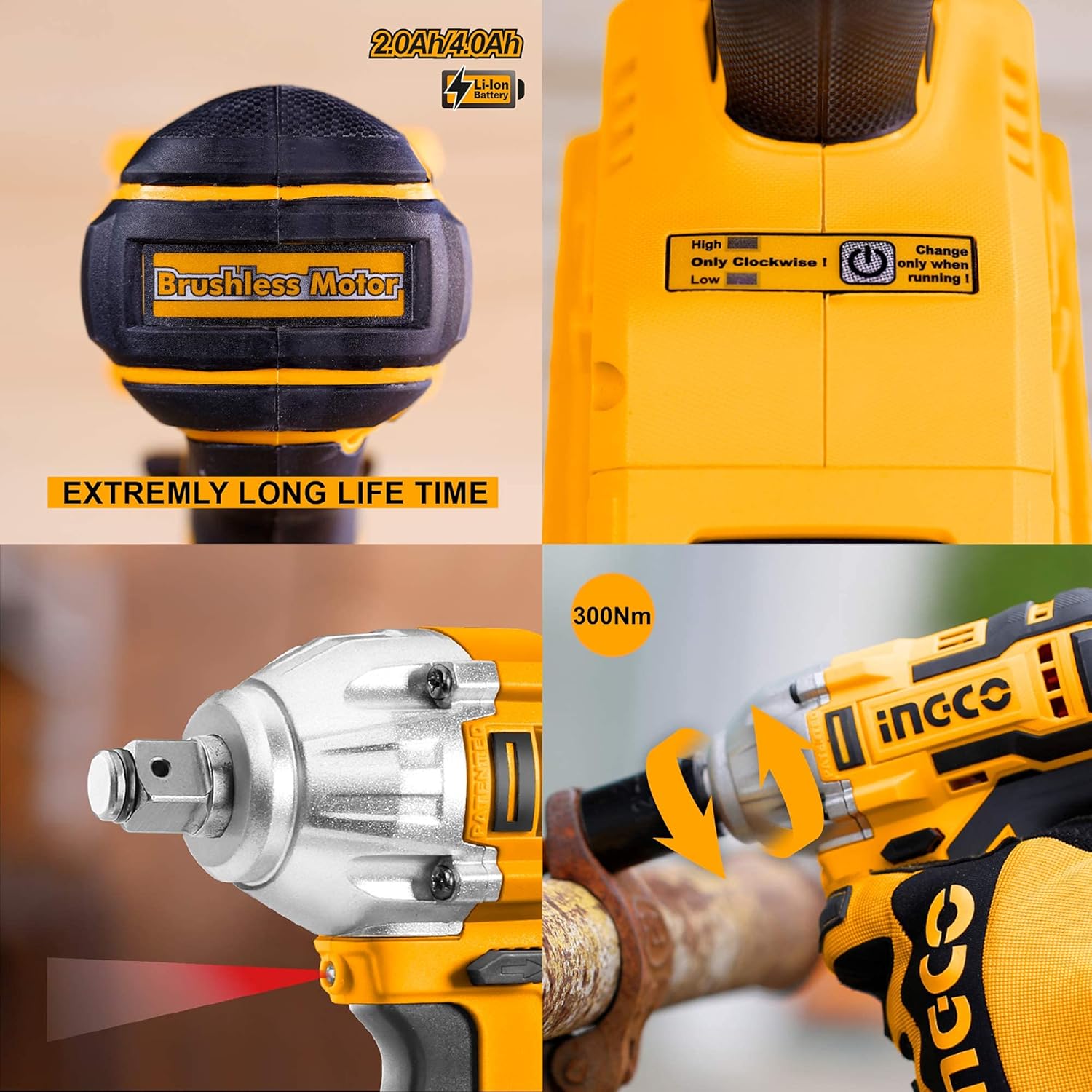Ingco 20V Brushless Lithium-Ion Impact Wrench with 2Pcs 2.0Ah Batteries, 1Pcs Charger, 3Pcs Sockets, 1/2 Inch, 300NM CIWLI20013