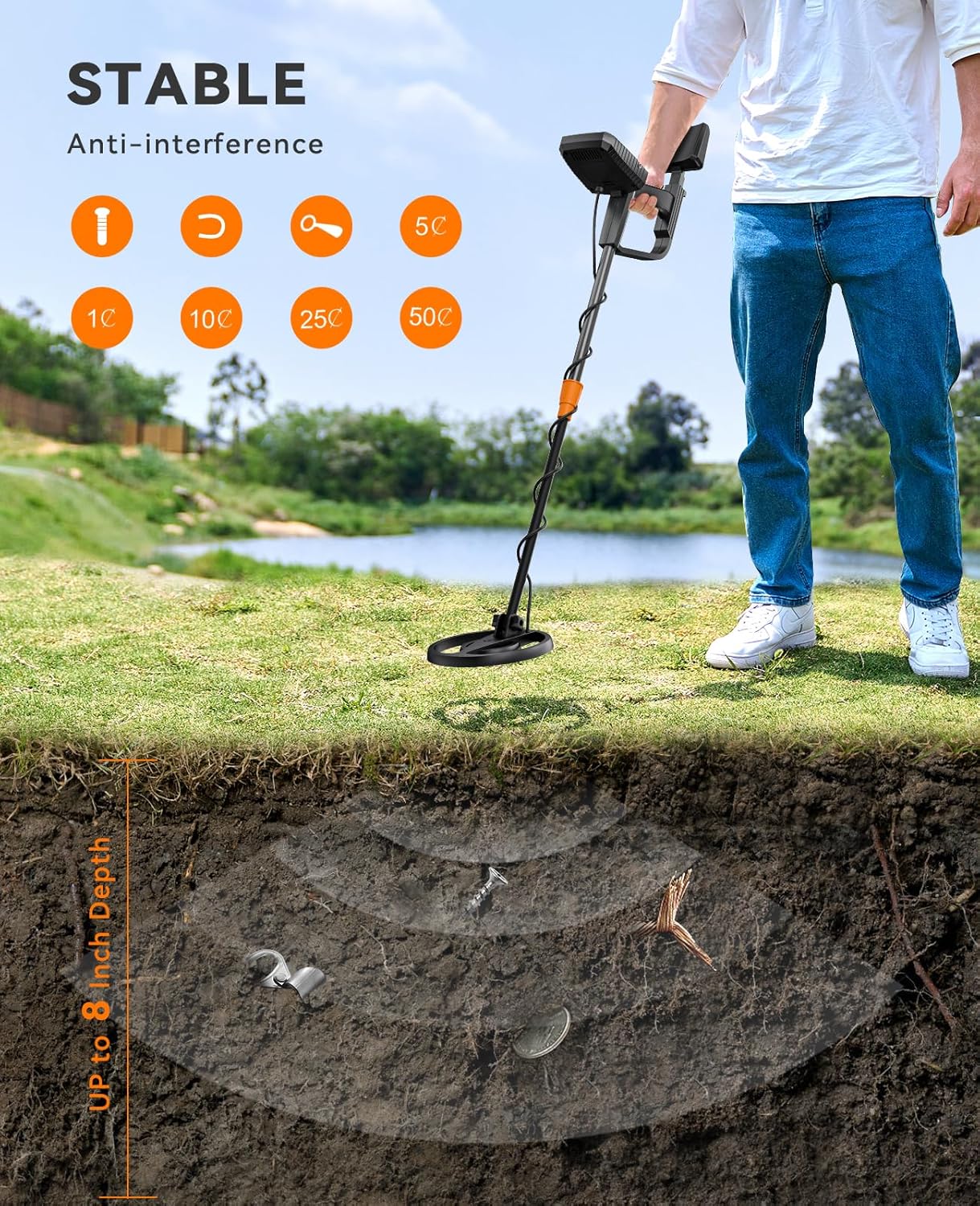 SUNPOW Metal Detector for Adults & Kids, Waterproof Metal Detector for Gold Detecting, Stable Anti-interference, Big LCD Display, 4 Modes, IP68 Search Coil -OTMD13