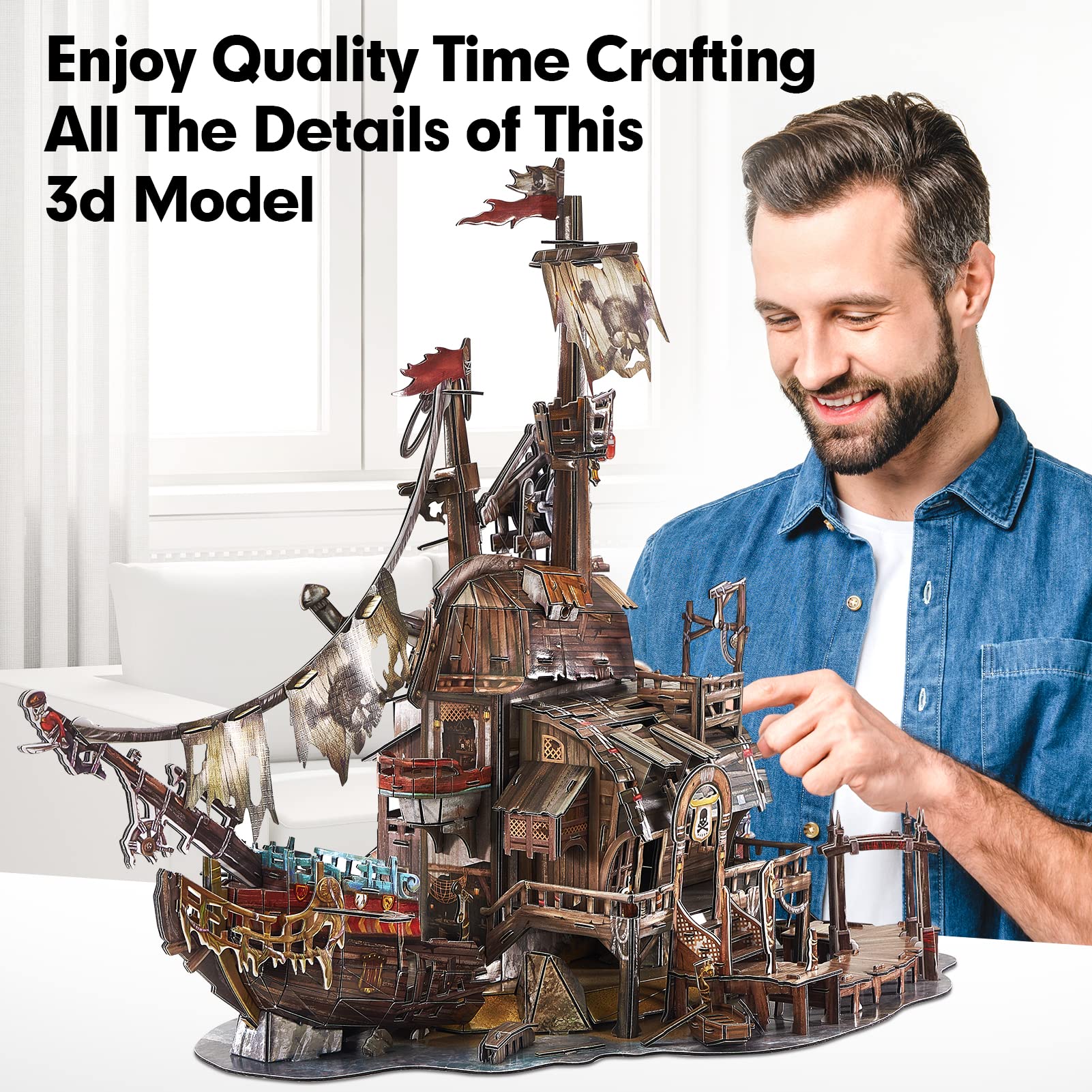 CubicFun LED Pirates of the Caribbean Flying Dutchman Model Kits for Adults to Build 3D Jigsaw Puzzles Ship Model Building Gifts for Adults Kids Girls Boys - 360 Pieces