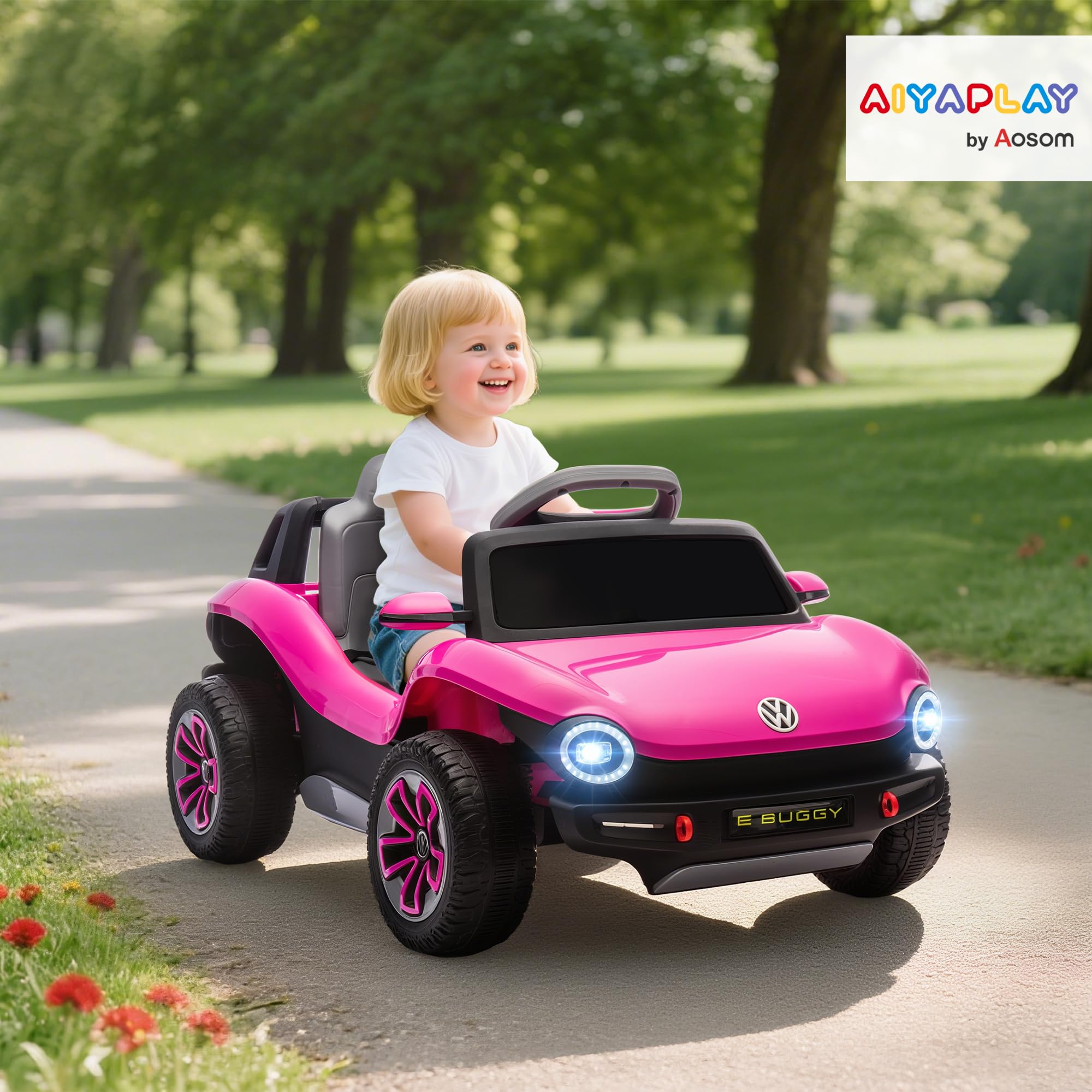 AIYAPLAY Volkswagen E-Buggy Licensed Electric Car for Kids, 12V Kids Electric Ride on with Remote Control, Suspension, Slow Start, LED Lights, USB, Music, Horn, for Ages 3-6 Years, Pink