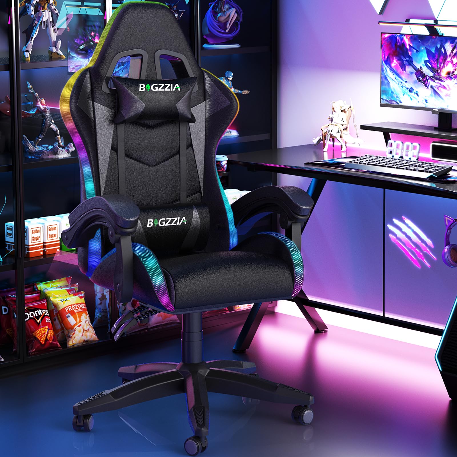 bigzzia RGB Gaming Chair with LED Lights and Ergonomic Computer Chair Reclining PU Leather High Back Video Game Chair with Headrest Adjustable Lumbar Support Linkage Armrest for Adults (Black/Grey)