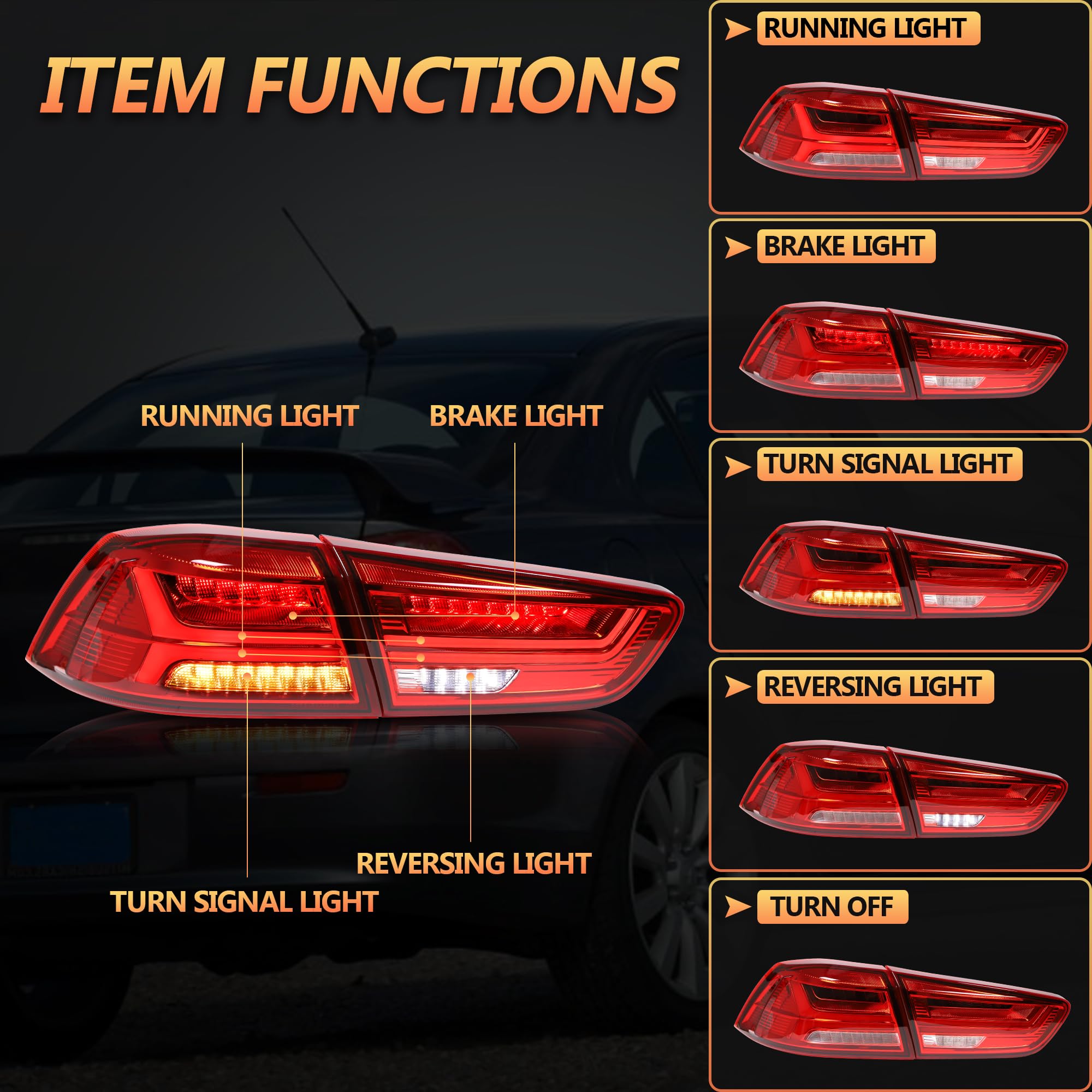 VLAND LED Rear Lights compatible with Lancer & EVO X 2008-2020 (Not Fit fortis/io), w/Sequential indicator, Driver & Passenger Side (Smoked dynamic 2)