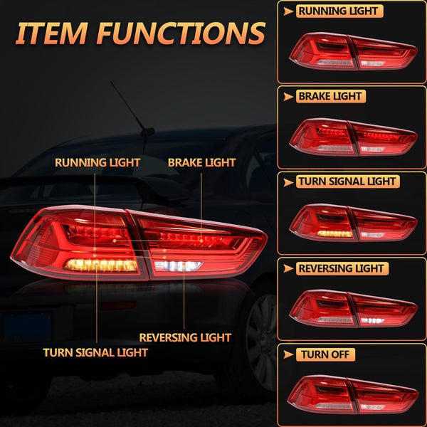 VLAND LED Rear Lights compatible with Lancer & EVO X 2008-2020 (Not Fit fortis/io), w/Sequential indicator, Driver & Passenger Side (Smoked dynamic 2)