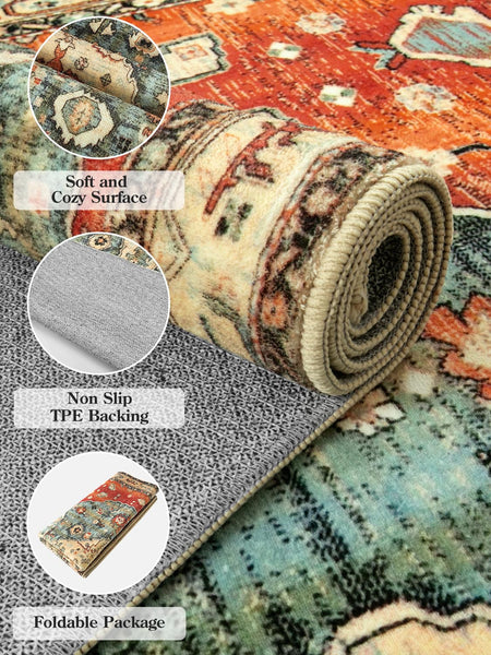 Boho Tribal Area Rug 90x150cm, KIMODE Distressed Entry Throw Rug Bohemian Faux Wool Indoor Accent Rug Non-Slip Washable Low-Pile Carpet for Entrance