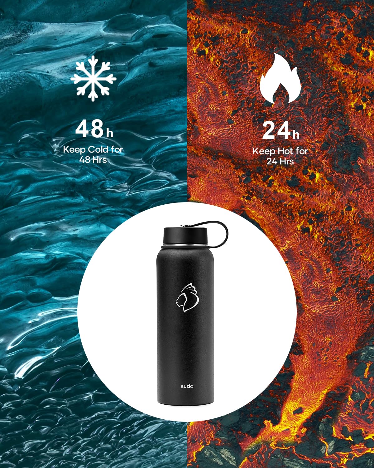 Stainless Steel Water Bottle 2L, BUZIO Vacuum Insulated Water Bottle with Straw Lid and Flex Cap Cold for 48 Hrs, Hot for 24 Hrs Double Wall Wide Mouth BPA Free Leak Proof, Black