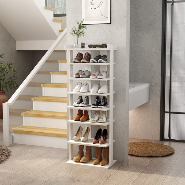 HOME BI Narrow Shoe Rack, Double Rows 7-Tier Wood Shoe Shelf, Vertical Shoe Storage Cabinet, Shoes Tower Organizer for Narrow Closet, Entryway,