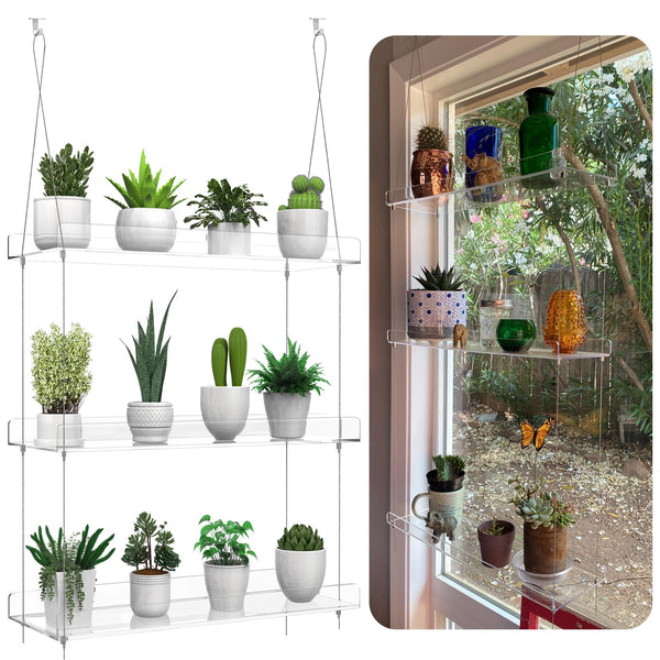 Hanging Clear Acrylic Plant Shelves - 3-Tier Window Wall Stand for Indoor Gardens, Flower, Succulents, Herb, Seedling Organization and Plant Pots