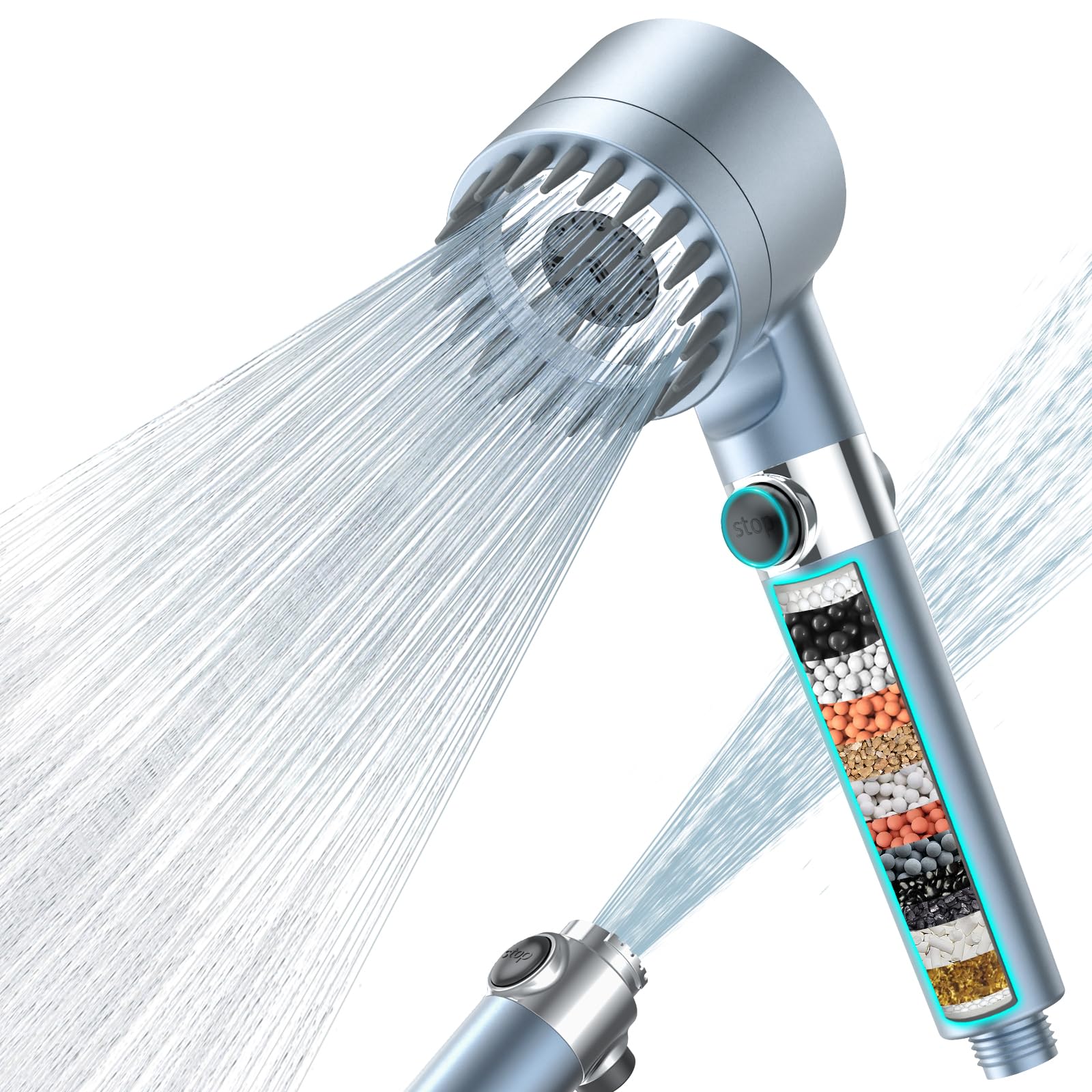 MEKO Portable Camping Shower with 15 Stage Filter, Rechargeable 6000mAh Shower Pump with Intelligent LED Display, 3+1 Spray IPX7 Waterproof Outdoor Shower Kit for Camping, Hiking, Travel, Car, Pet