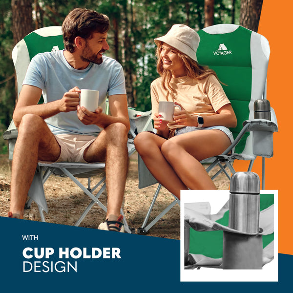 Voyager Folding Camping Chairs 2 Pack with Cooler Bag, Lightweight Q195 Steel Frame, 600D Oxford Fabric, Portable & Comfortable - Black (Black, Padded)