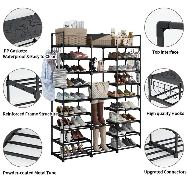 Finew Shoe Rack 9 Tier 3 Row, Metal Shoes Storage Organiser Shelf, Holds 50-55 Pairs Shoe Boots, Stackable Stand Shoe Cabinet with Hooks, Tall Shoe