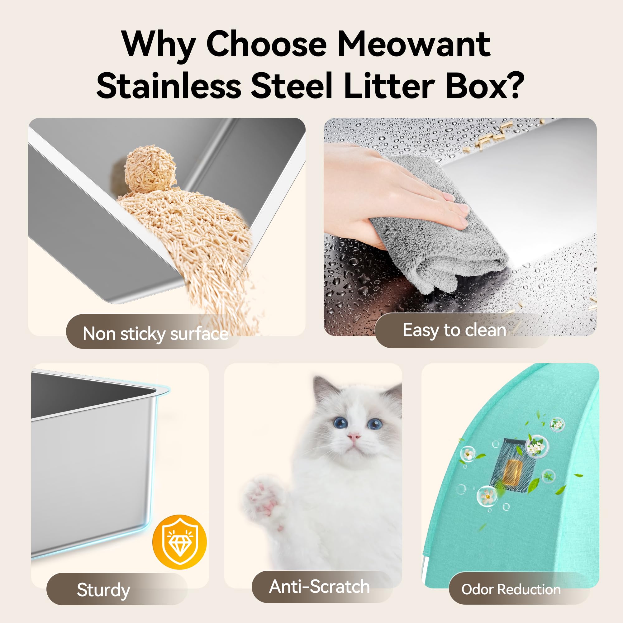 MeoWant Cat Litter Box Stainless Steel, Enclosed Litter Pan for Big Cat with Cloth Cover Canopy, Never Absorbs Odor, Non Stick Surface, XXL Extra Large Litter Tray, Detachable, Easy Clean, White