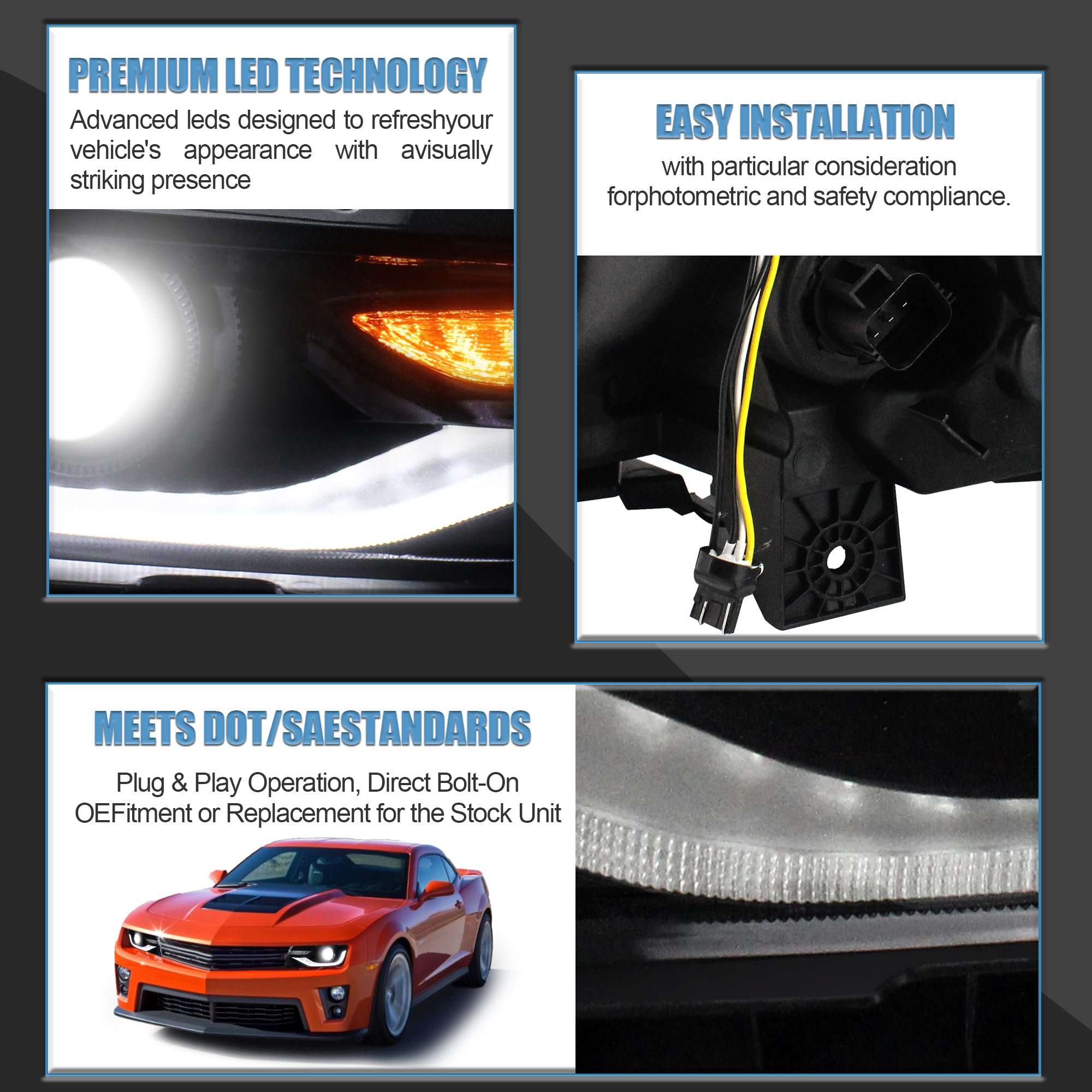 VLAND Motor Headlights compatible with 5th Gen Camaro LS, LT, SS, ZL1, Z/28 2014 2015, w/Sequential Turn signal, Driver & Passenger Side, not include bulbs