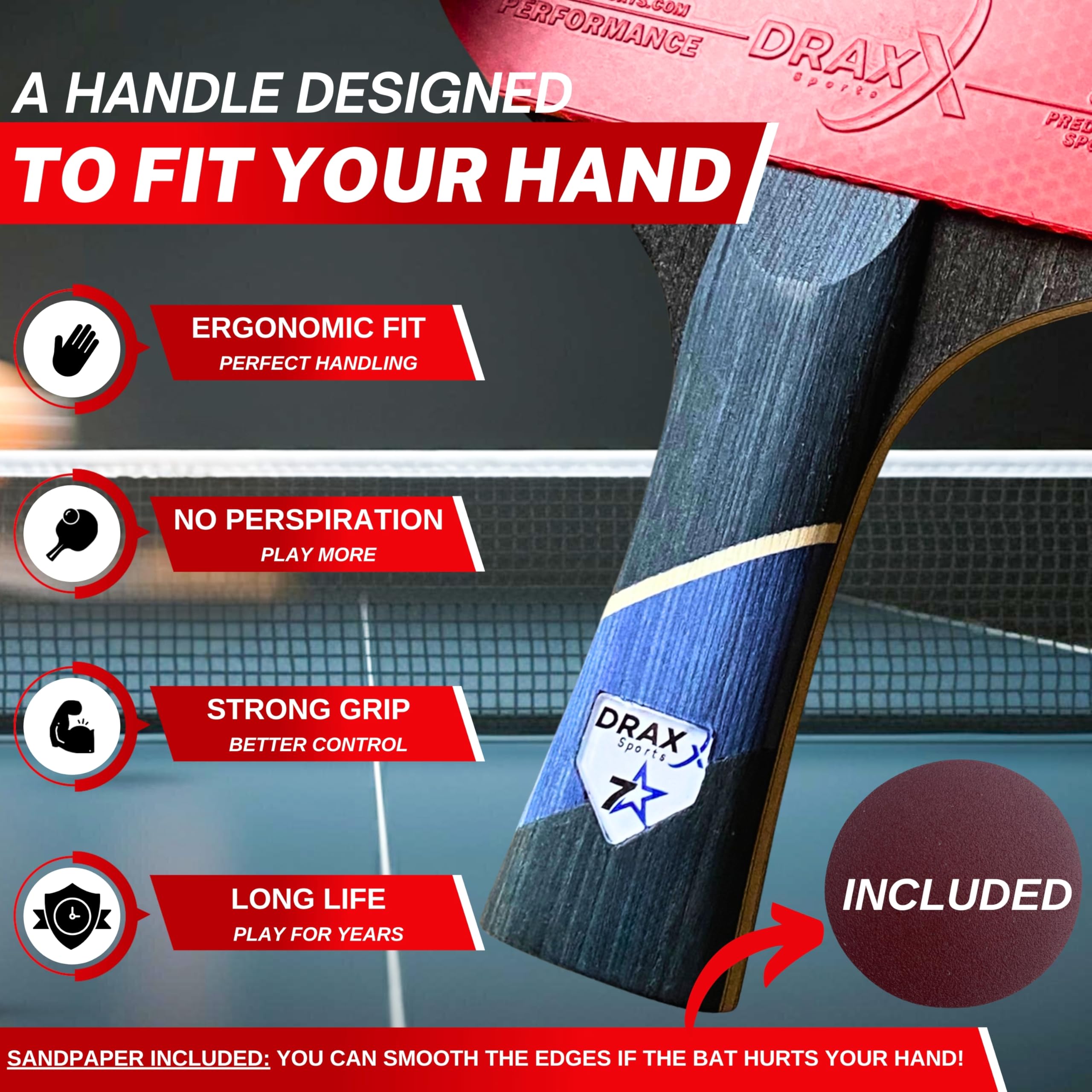 DRAXX Sports Table Tennis Bat 7 Stars | Professional Carbon Paddle for Unmatched Control, Spin & Power | Ultra-Lightweight Ping Pong Racket Only 175g