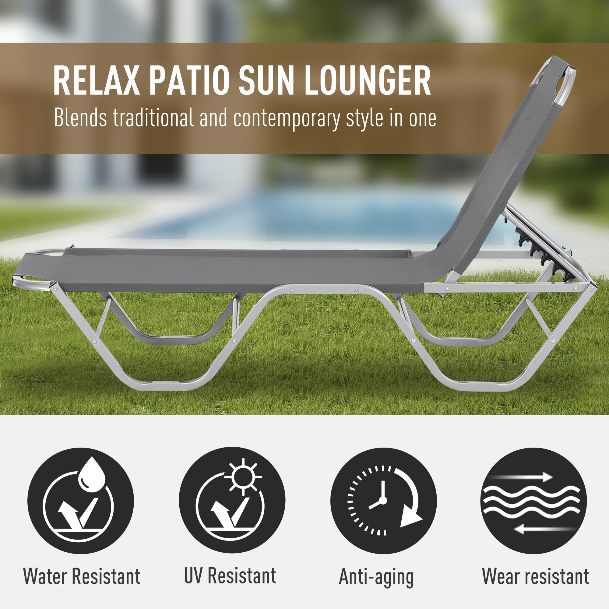 Outsunny Sun Lounger Relaxed Recliner with 5-Position Adjustable Backrest Aluminium Frame for Pool or Sun Bathing Light Grey