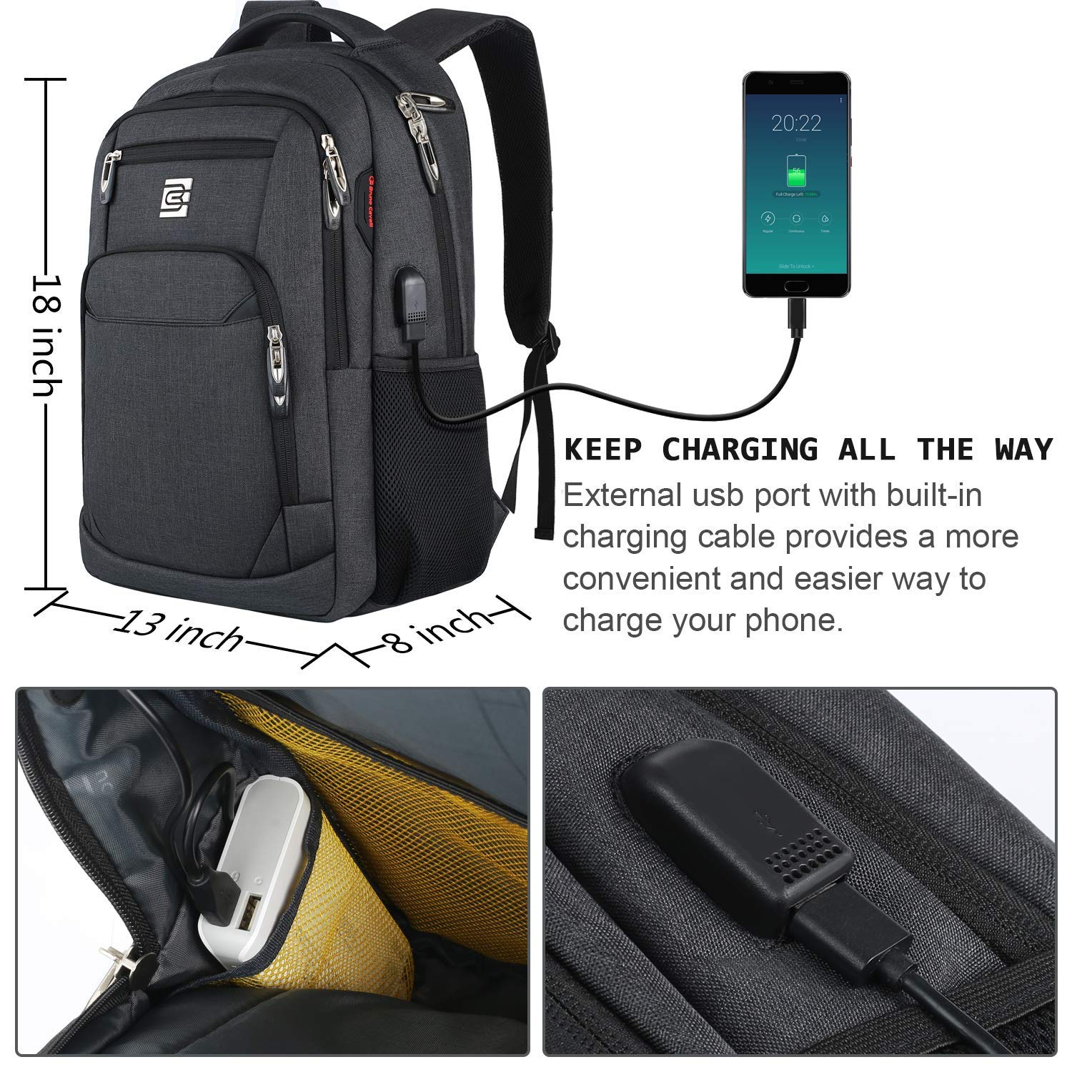 KASIBON Laptop Backpack with USB Charging&Headphone Port,Anti-Theft Business Laptop Backpack with Breathable Padded Shoulder Strap, Water Resistant Computer Rucksack